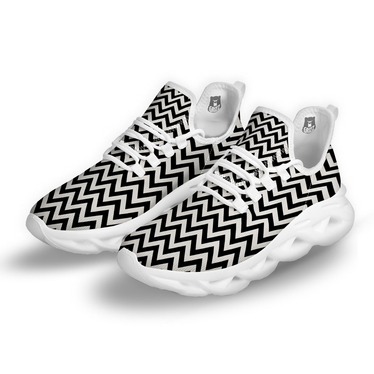 Black Zigzag Print Pattern White Running Shoes-grizzshop