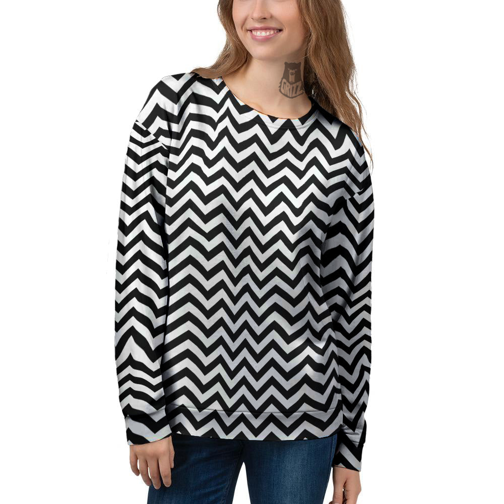 Black Zigzag Print Pattern Women's Sweatshirt-grizzshop