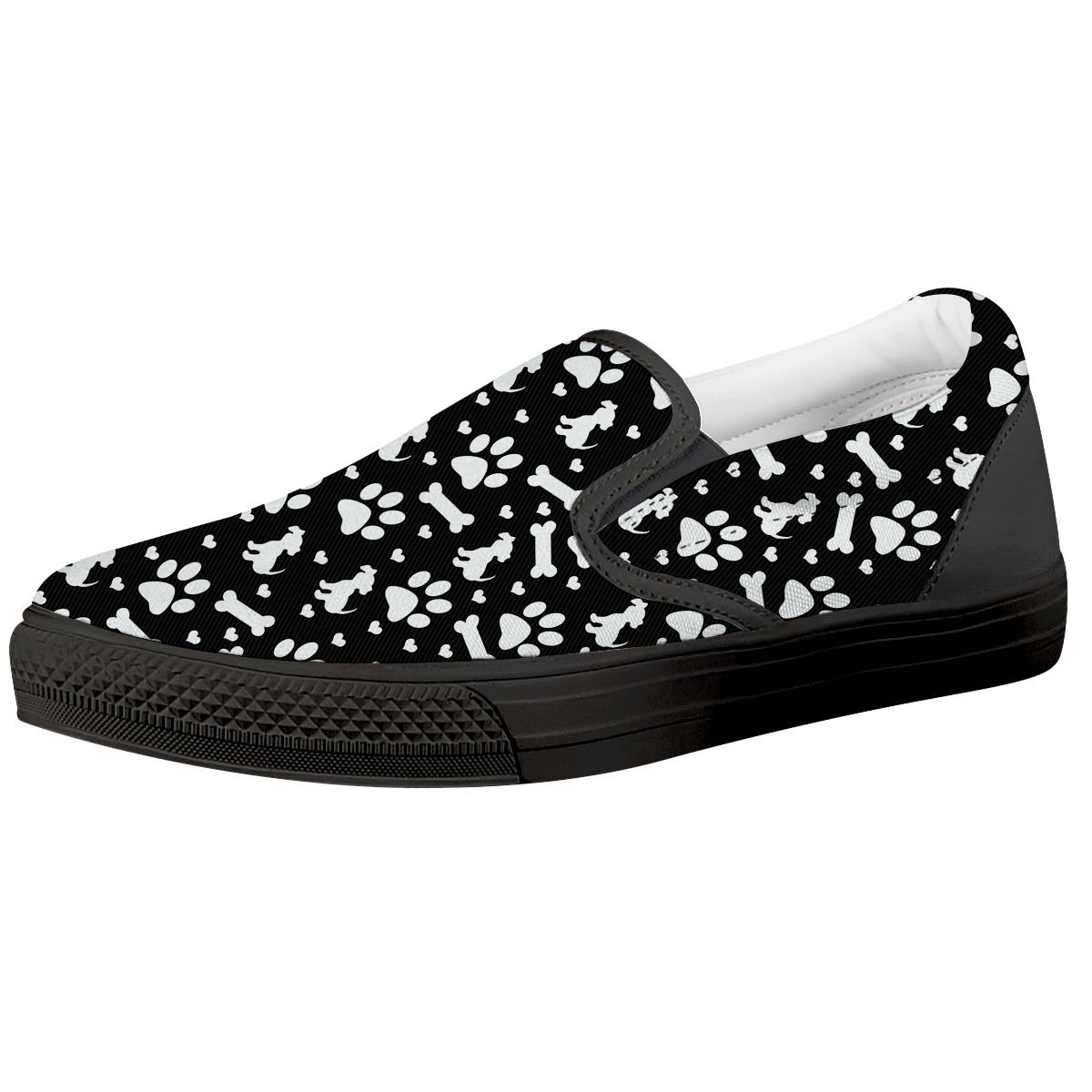 Black and White Dog Paw Print Pattern Black Slip On Shoes-grizzshop