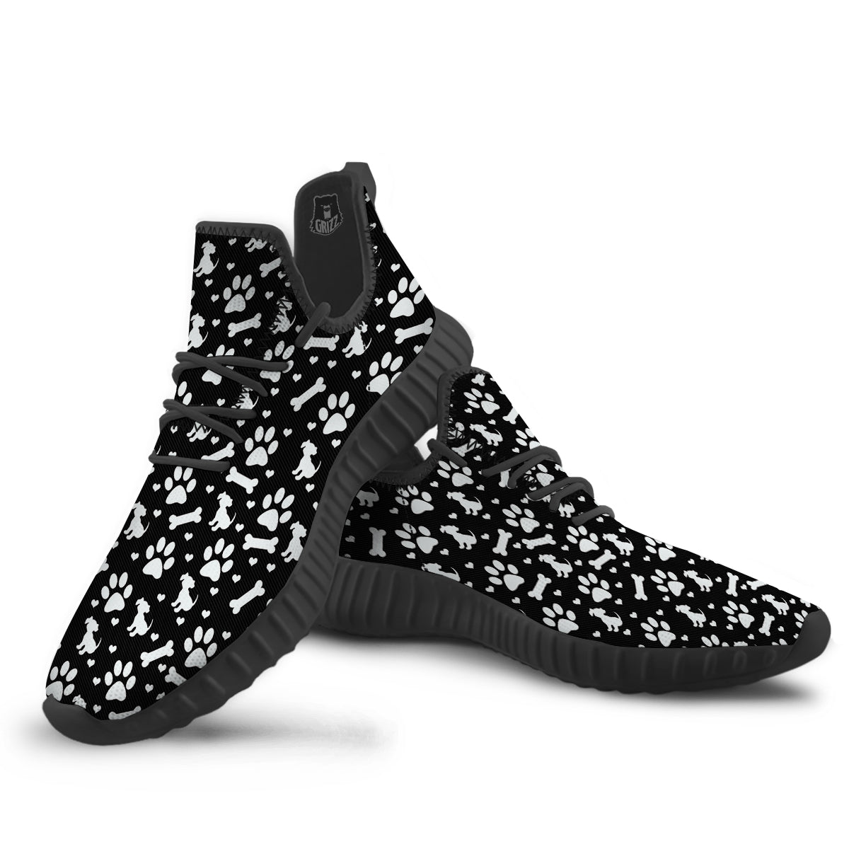Black and White Dog Paw Print Pattern Black Walking Shoes-grizzshop