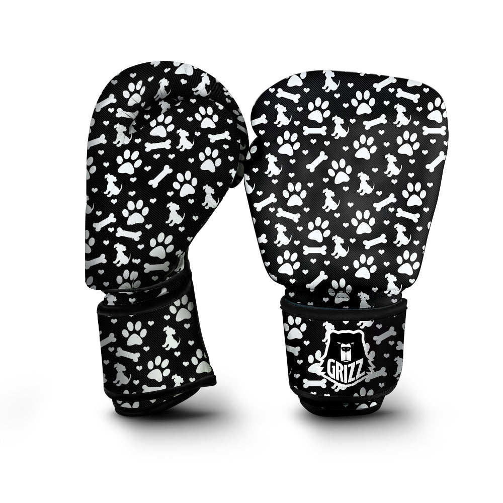 Black and White Dog Paw Print Pattern Boxing Gloves-grizzshop