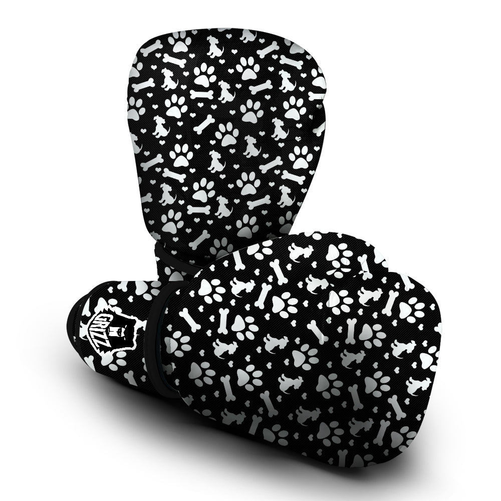 Black and White Dog Paw Print Pattern Boxing Gloves-grizzshop
