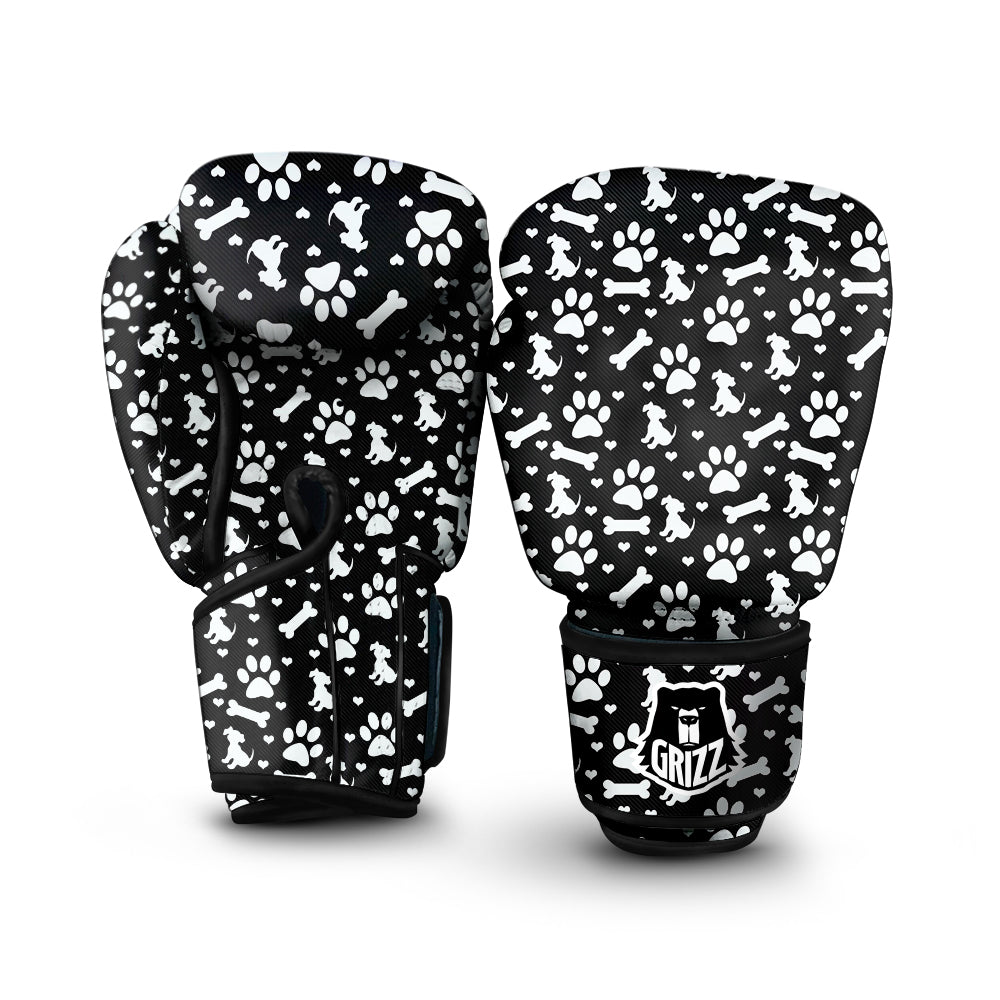 Black and White Dog Paw Print Pattern Boxing Gloves-grizzshop