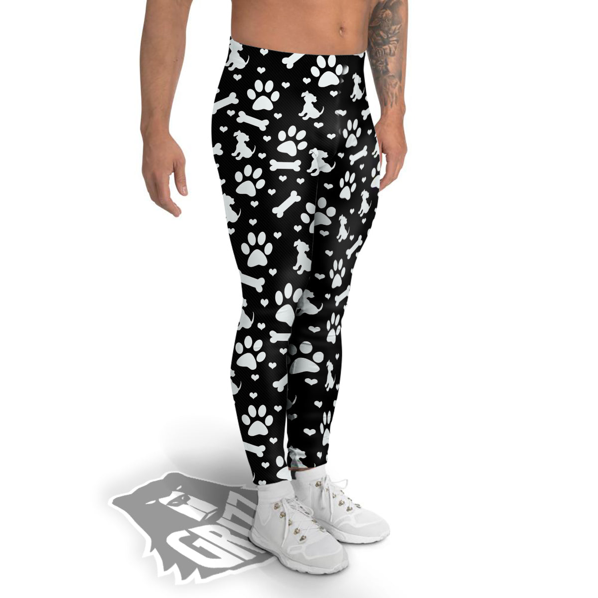 Black and White Dog Paw Print Pattern Men's Leggings-grizzshop