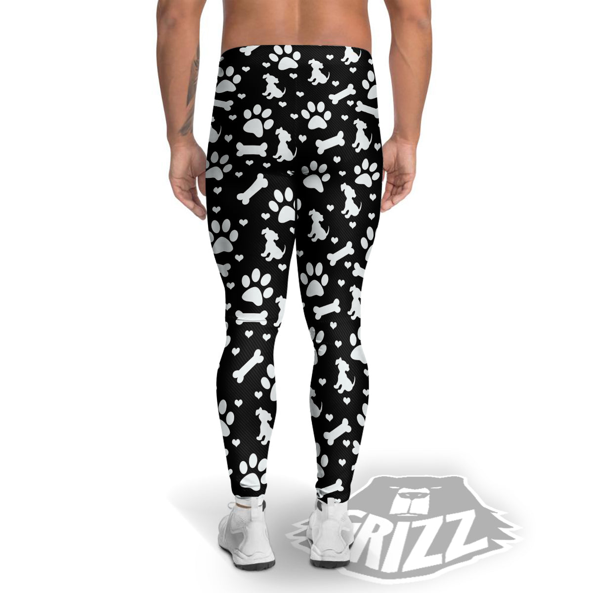 Black and White Dog Paw Print Pattern Men's Leggings-grizzshop