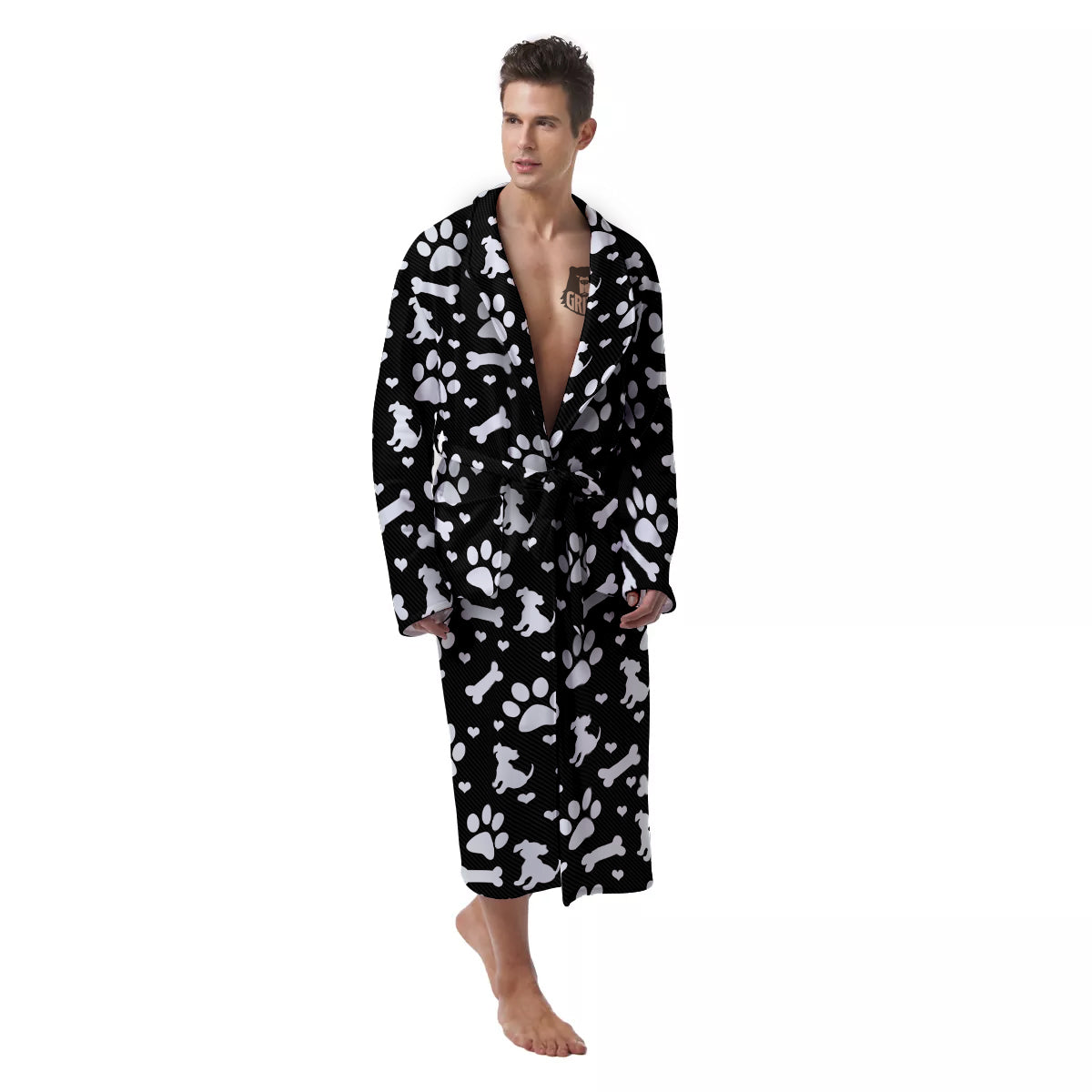 Black and White Dog Paw Print Pattern Men's Robe-grizzshop
