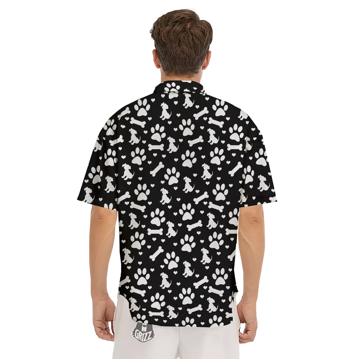 Black and White Dog Paw Print Pattern Men's Short Sleeve Shirts-grizzshop