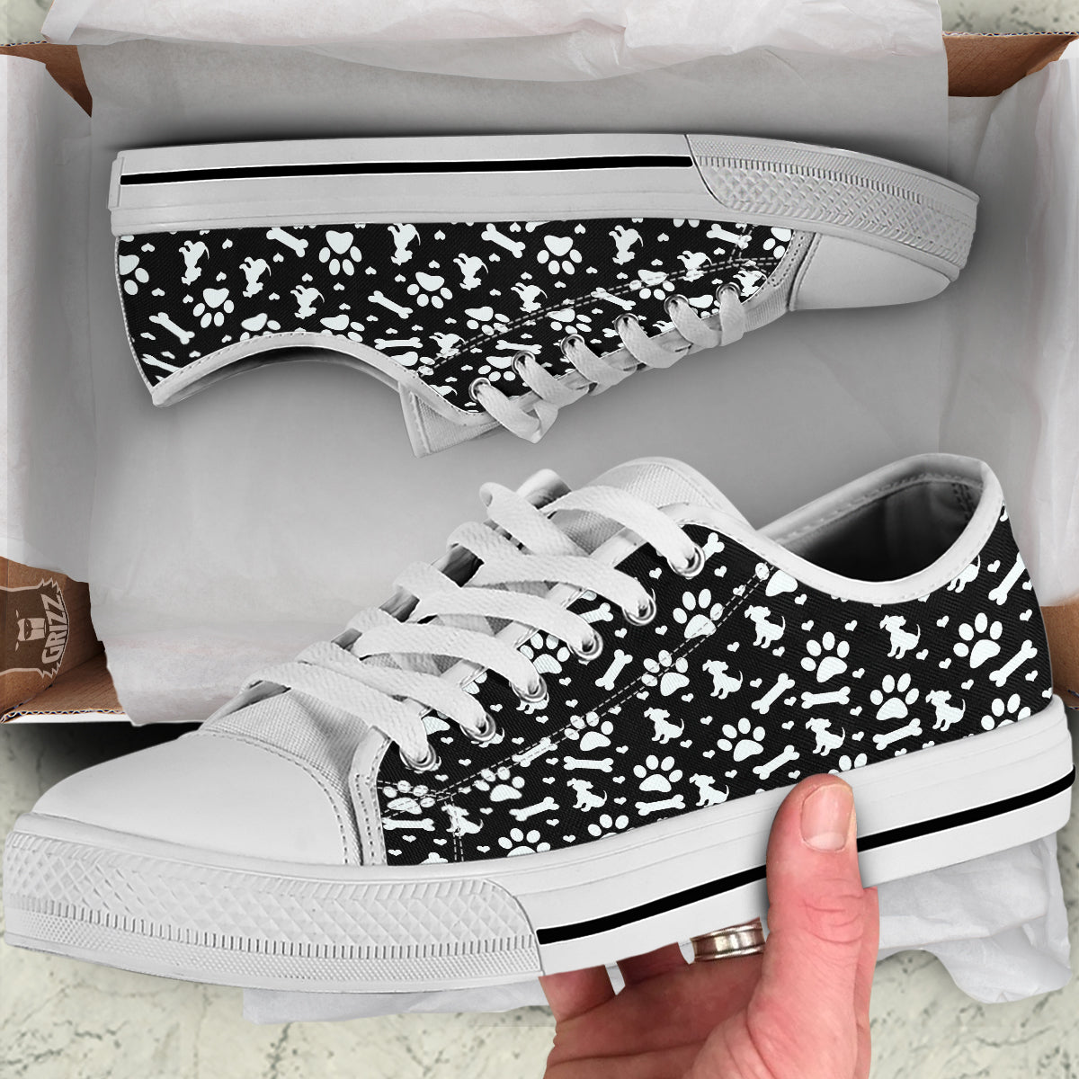 Black and White Dog Paw Print Pattern White Low Top Shoes-grizzshop