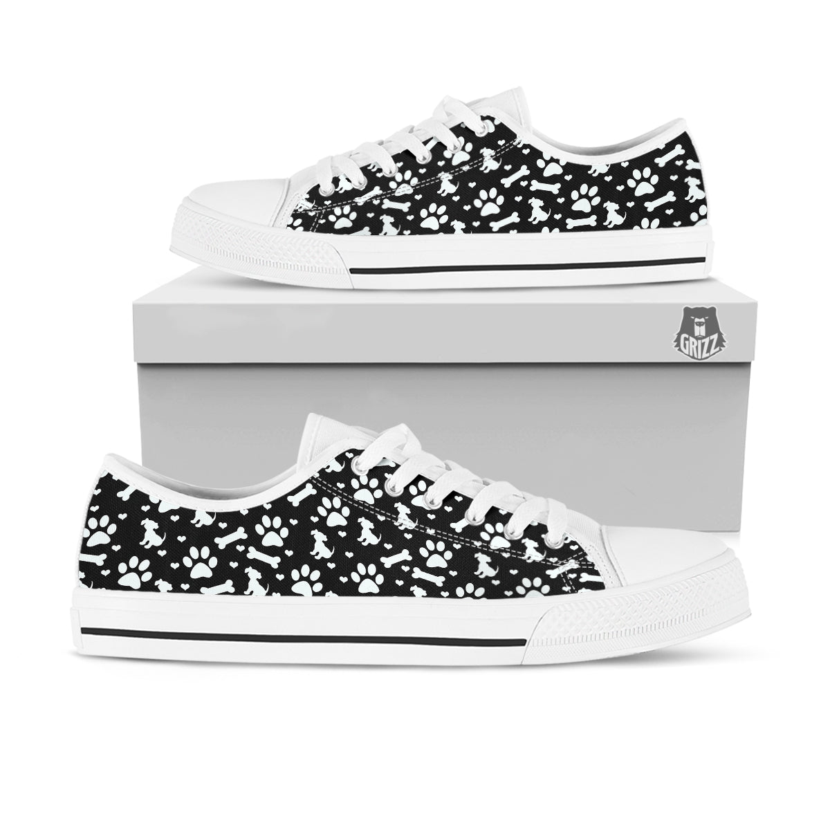 Black and White Dog Paw Print Pattern White Low Top Shoes-grizzshop