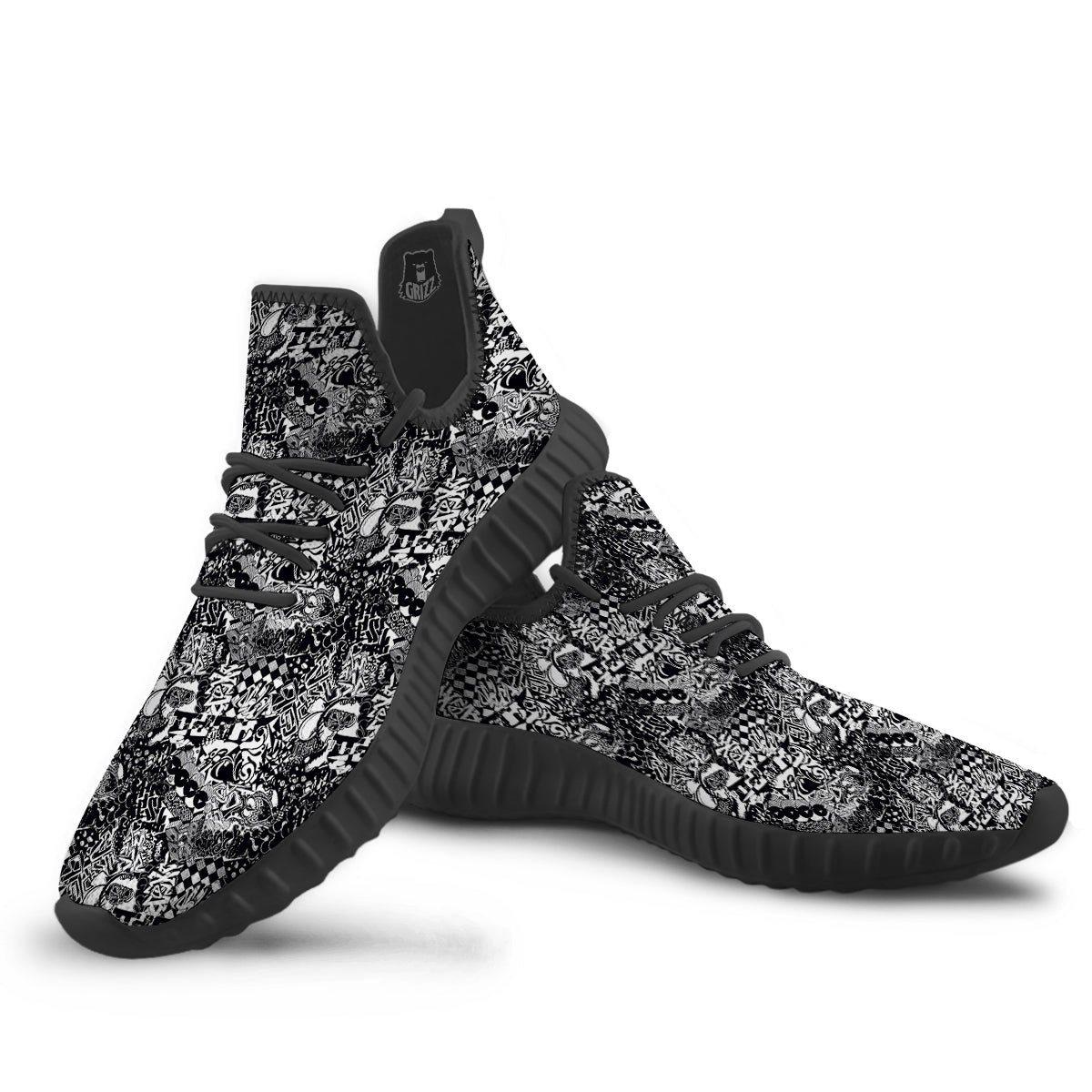 Black and White Graffity Street Art Print Pattern Black Walking Shoes-grizzshop