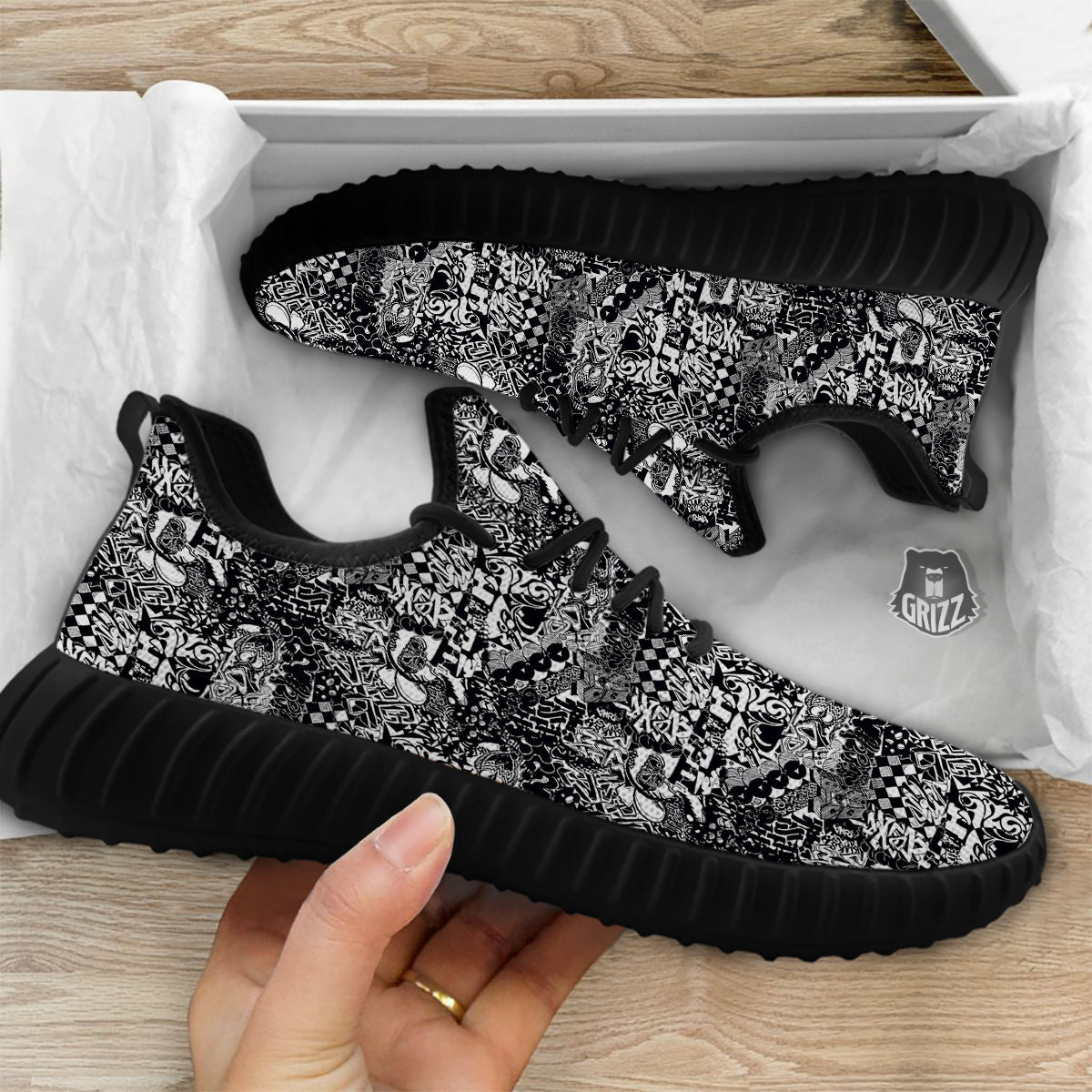 Black and White Graffity Street Art Print Pattern Black Walking Shoes-grizzshop