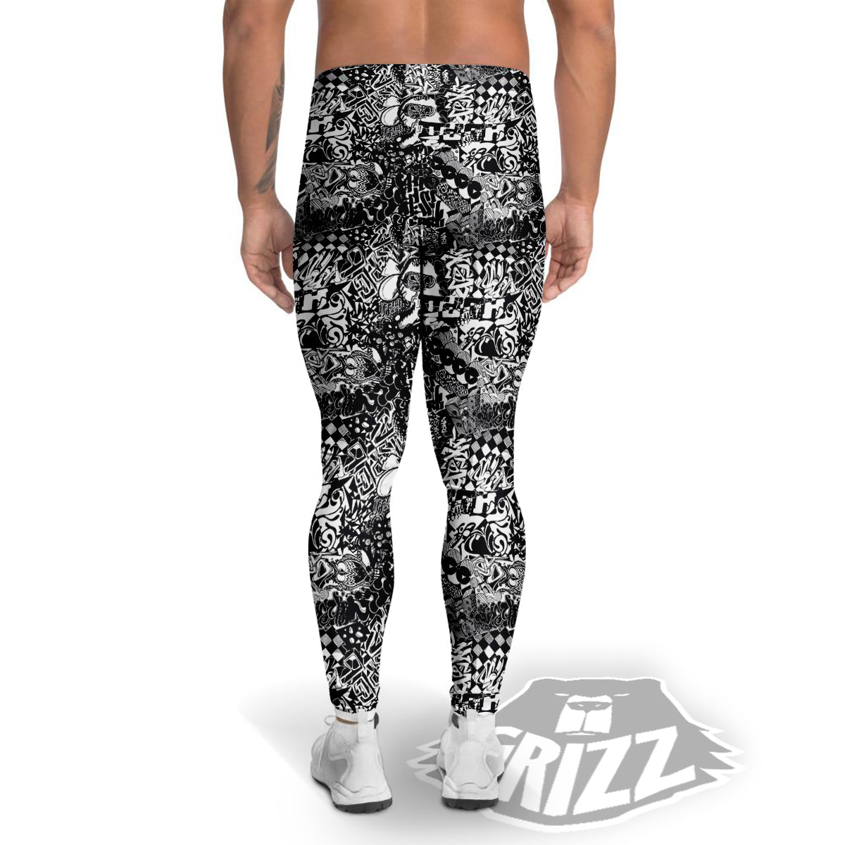 Black and White Graffity Street Art Print Pattern Men's Leggings-grizzshop