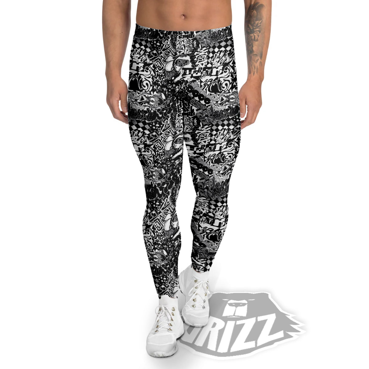 Black and White Graffity Street Art Print Pattern Men's Leggings-grizzshop