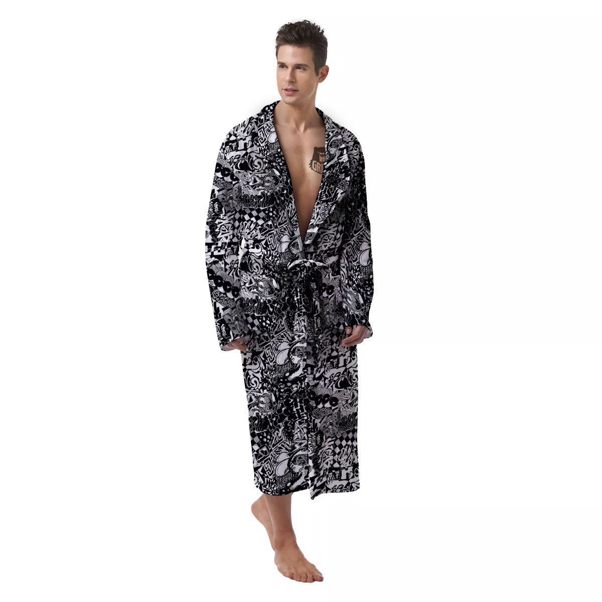 Black and White Graffity Street Art Print Pattern Men's Robe-grizzshop