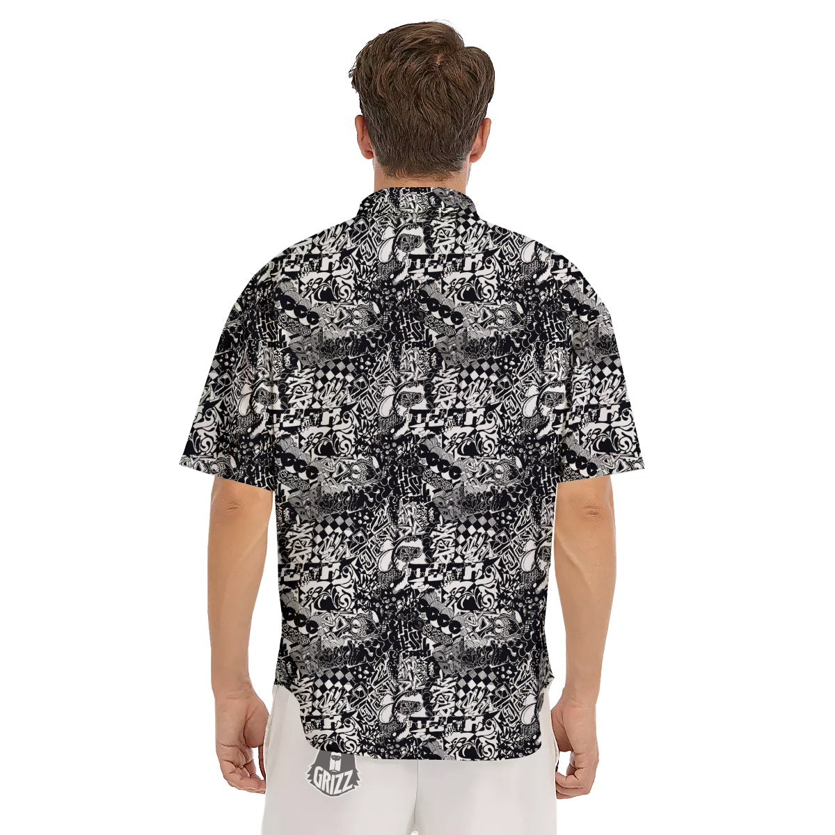 Black and White Graffity Street Art Print Pattern Men's Short Sleeve Shirts-grizzshop