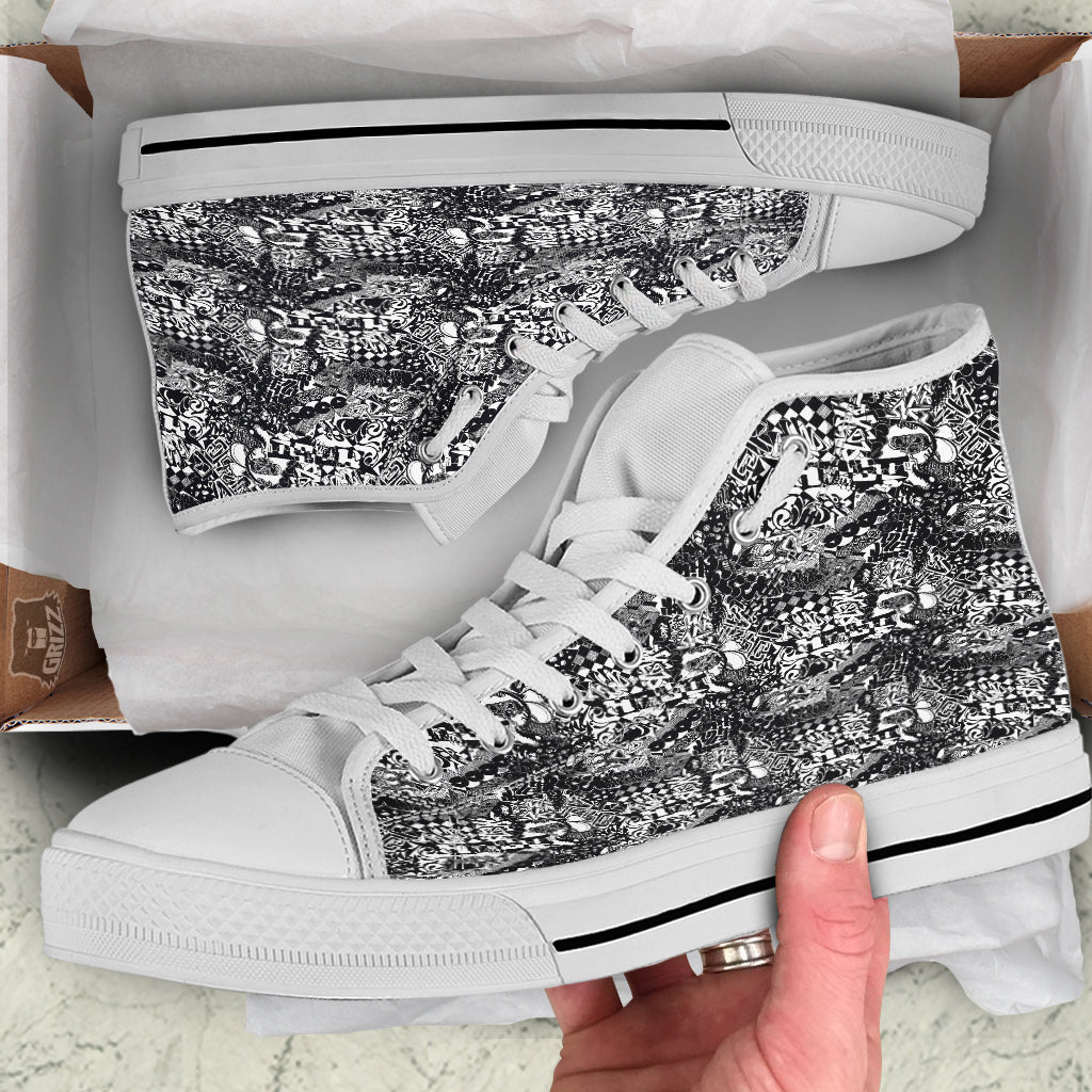 Black and White Graffity Street Art Print Pattern White High Top Shoes-grizzshop