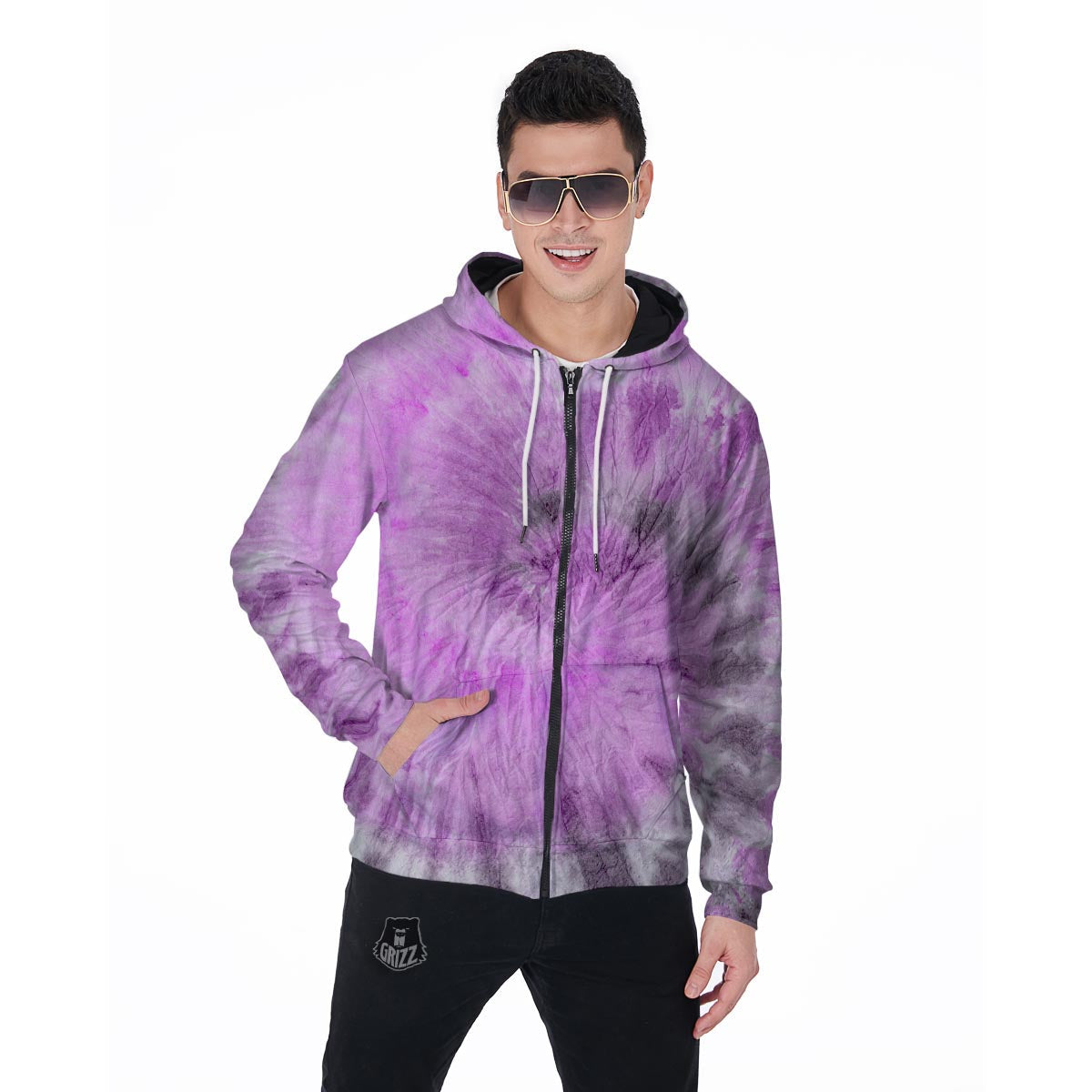 Black And Purple Tie Dye Men's Zip Up Hoodie-grizzshop