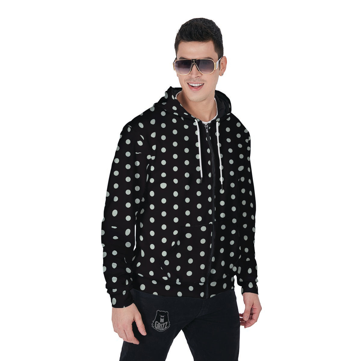 Black And White Polka Dot Men's Zip Up Hoodie-grizzshop