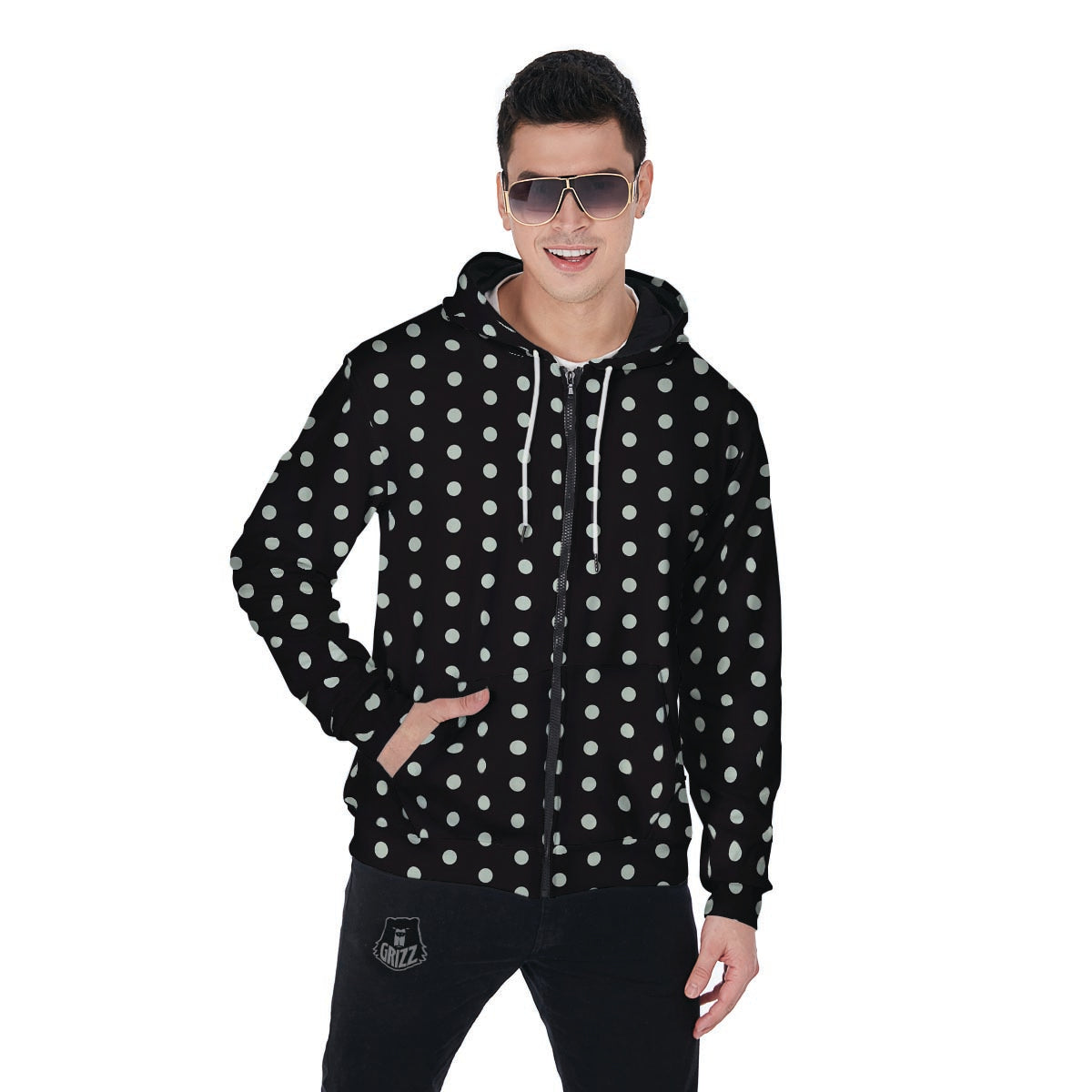 Black And White Polka Dot Men's Zip Up Hoodie-grizzshop