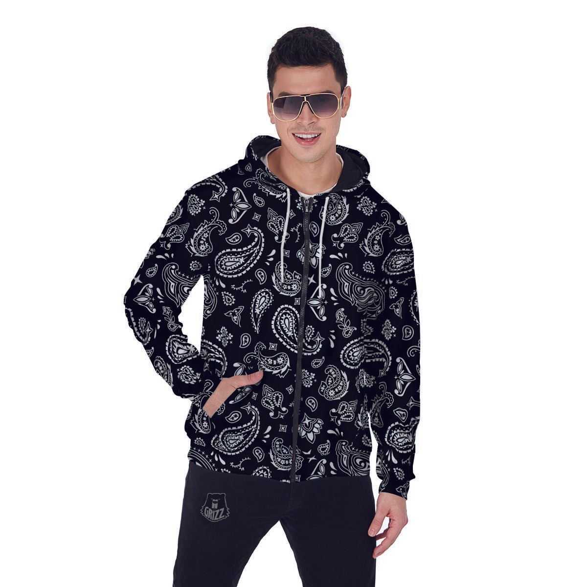 Black Bandana Men's Zip Up Hoodie-grizzshop