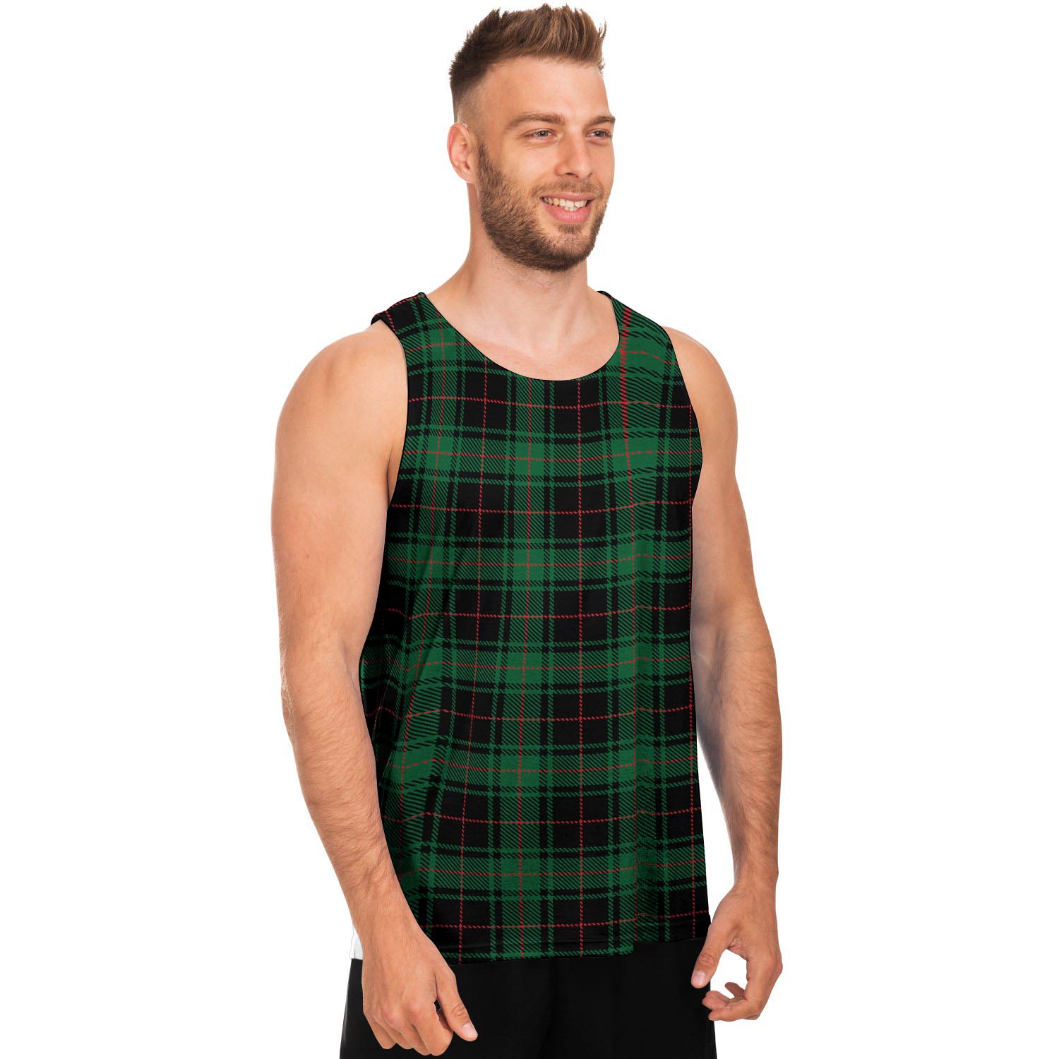 Black Green Plaid Tartan Men's Tank Tops-grizzshop