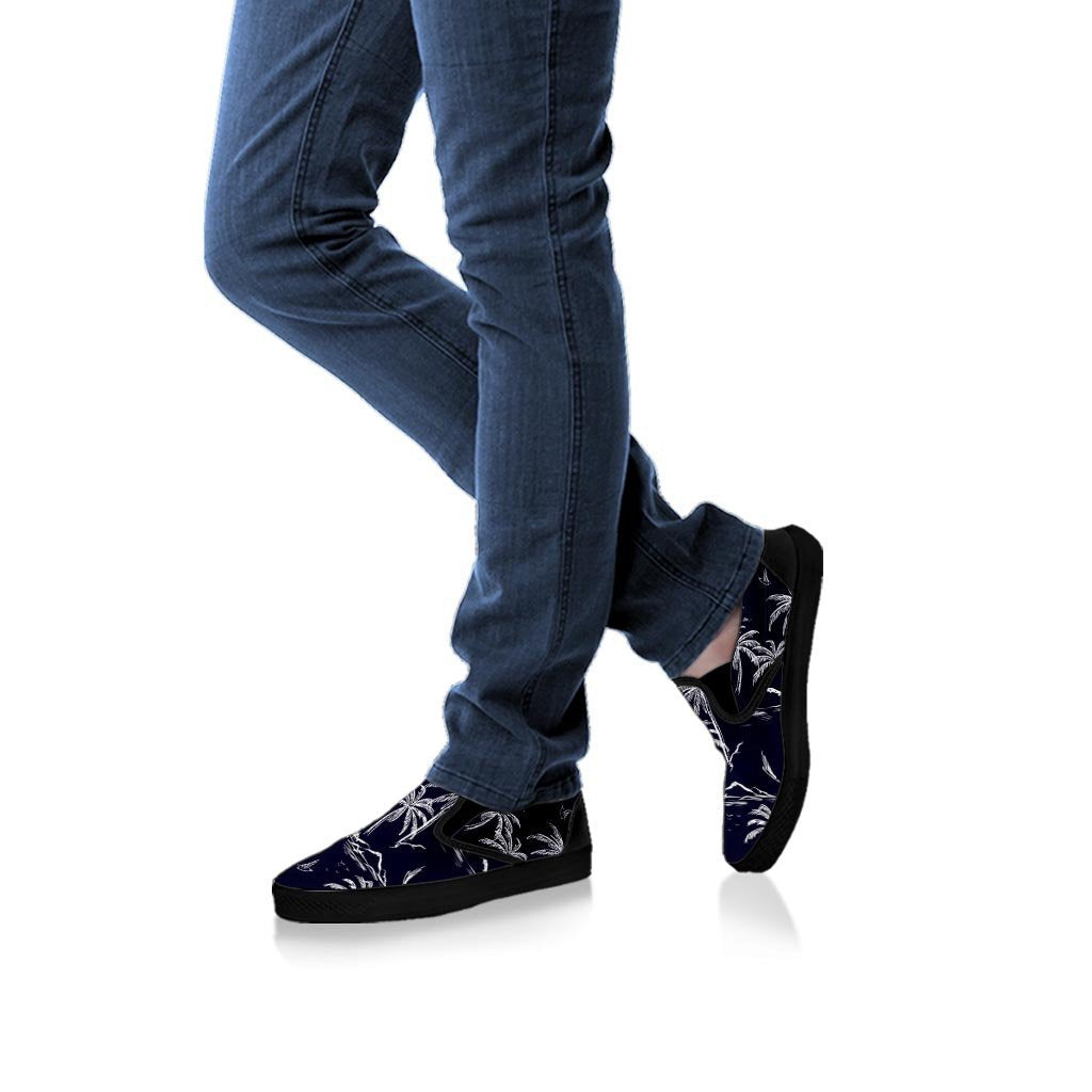 Black Palm Tree Hawaiian Print Men's Slip On Sneakers-grizzshop