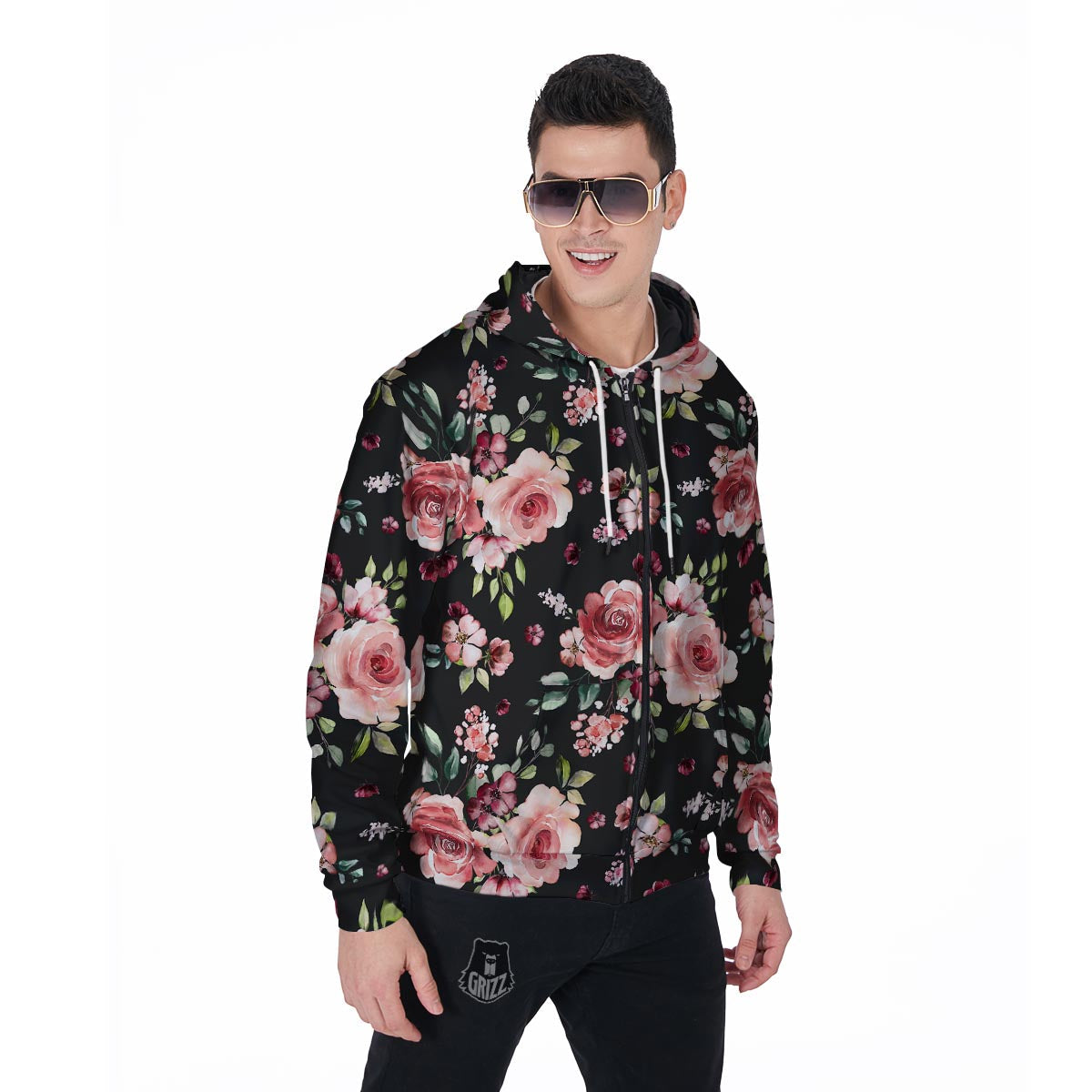 Black Pink Rose Flower Print Men's Zip Up Hoodie-grizzshop