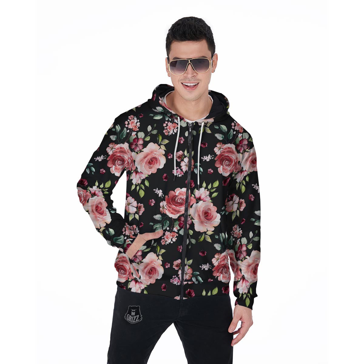 Black Pink Rose Flower Print Men's Zip Up Hoodie-grizzshop