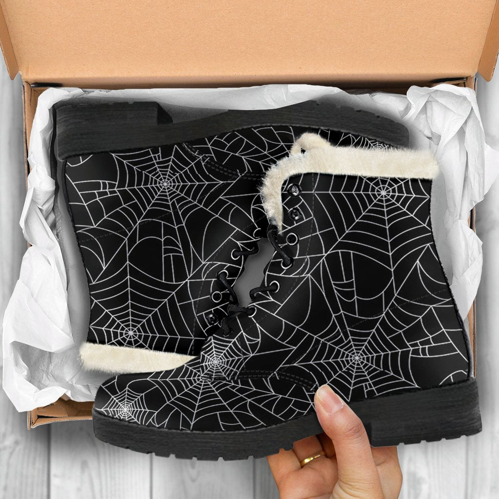 Black Spider Web Pattern Print Comfy Winter Boots-grizzshop