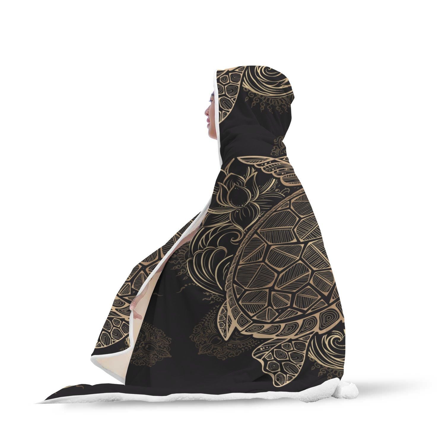 Black Turtle Hawaiian Pattern Print Hooded Blanket-grizzshop