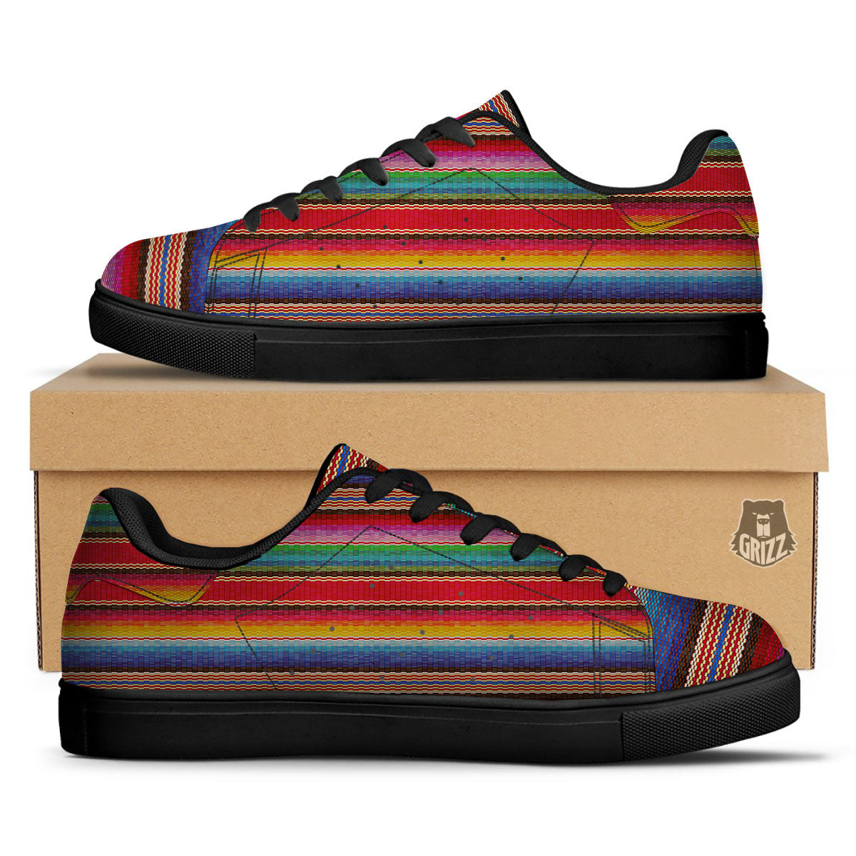 Blanket Mexican Colorful Print Pattern Black Low Top Sneakers-grizzshop