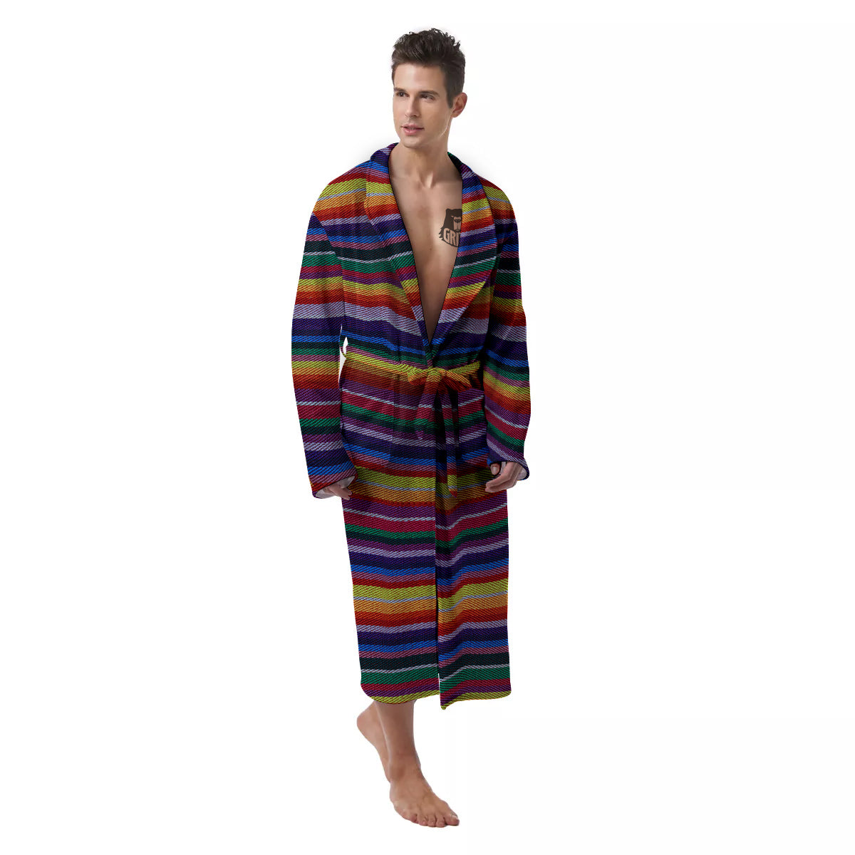 Blanket Stripe Colorful Mexican Print Men's Robe-grizzshop