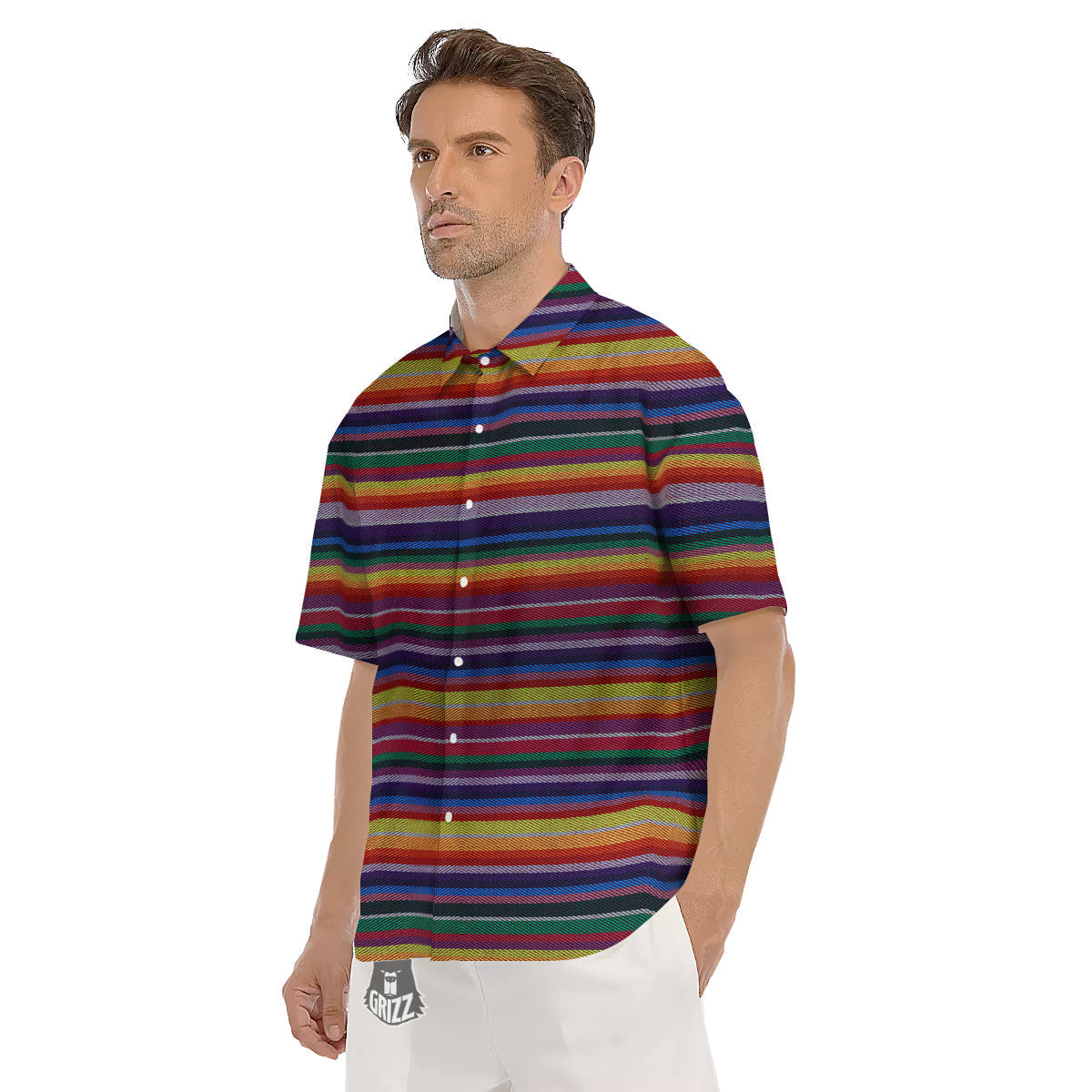 Blanket Stripe Colorful Mexican Print Men's Short Sleeve Shirts-grizzshop