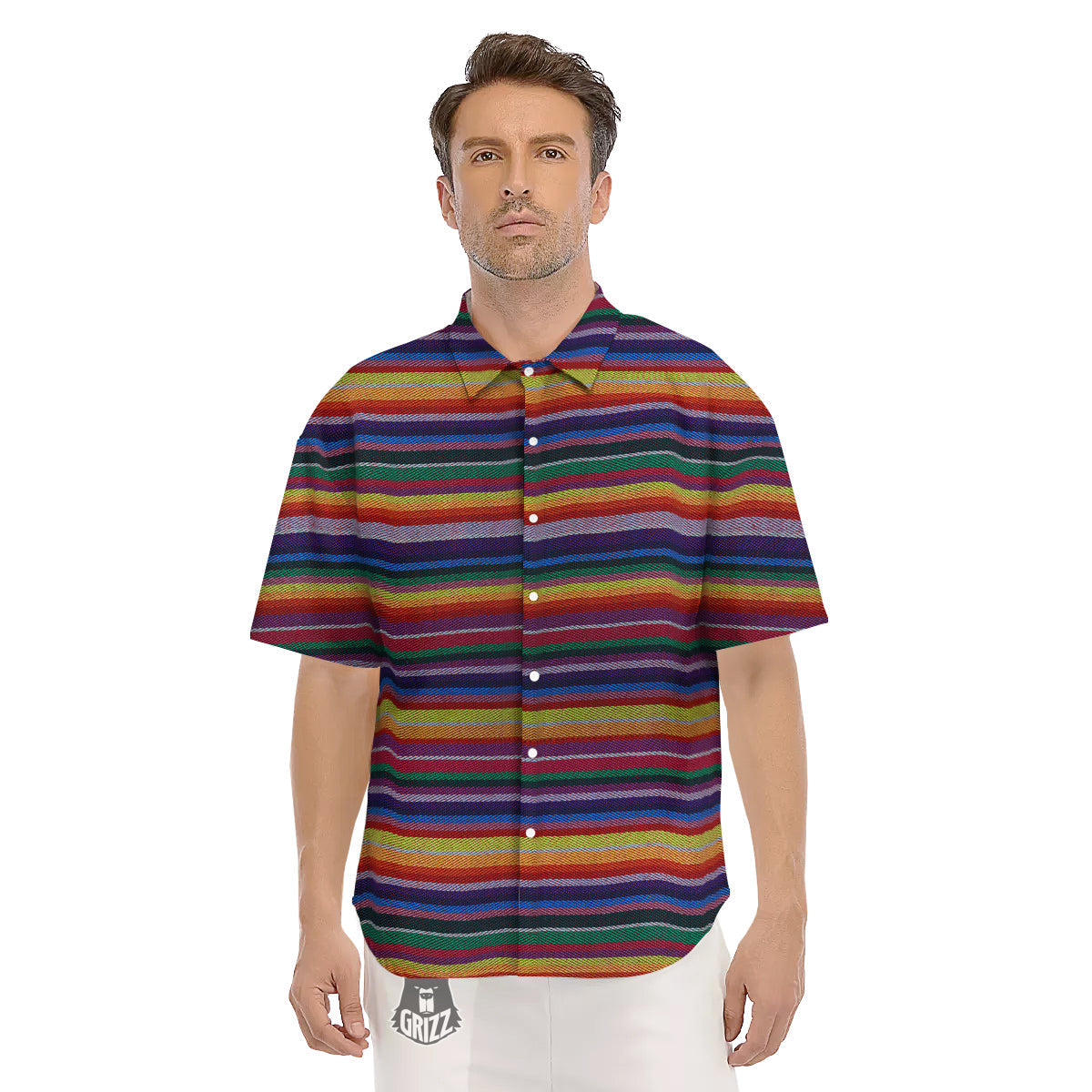 Blanket Stripe Colorful Mexican Print Men's Short Sleeve Shirts-grizzshop