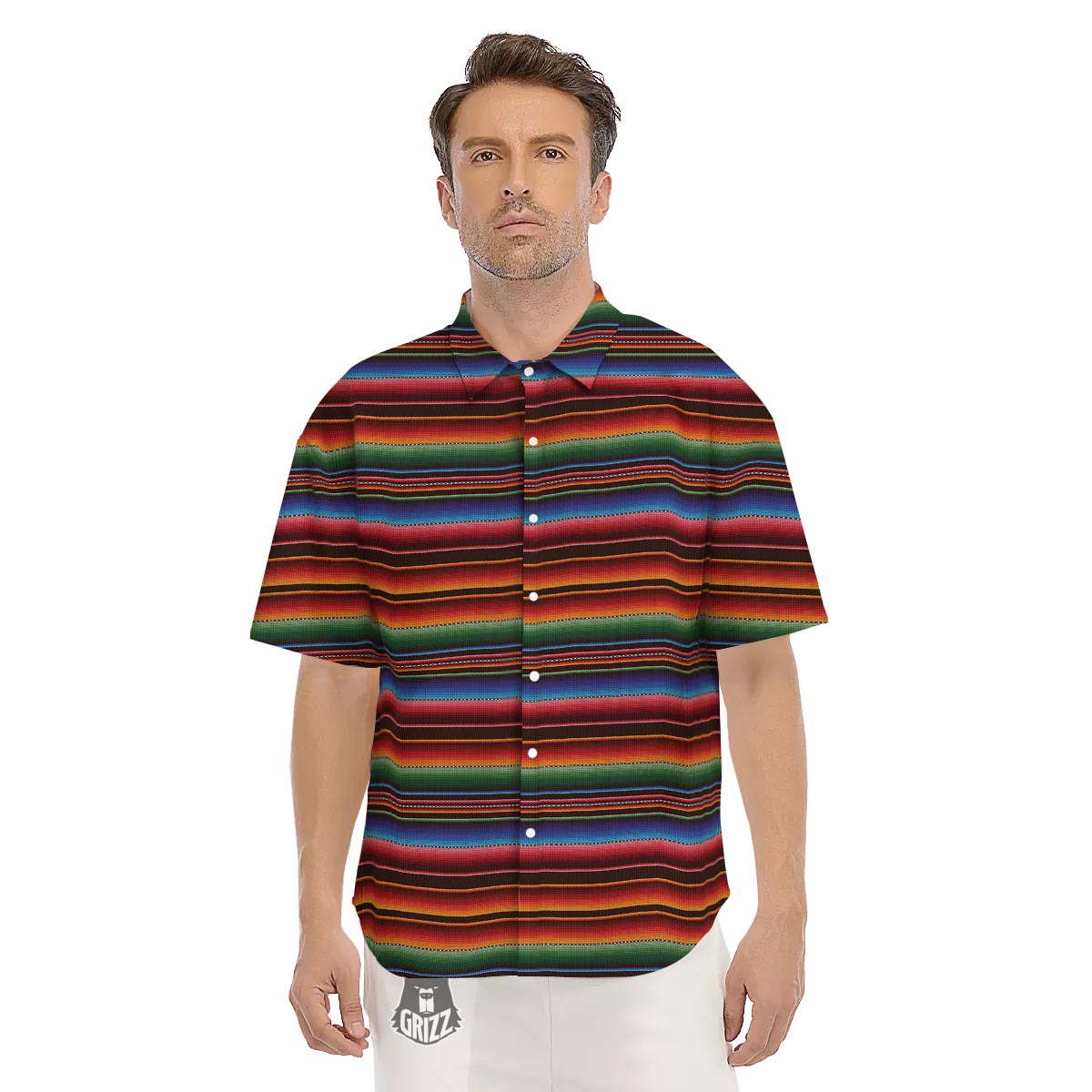 Blanket Stripe Tribal Mexican Print Men's Short Sleeve Shirts-grizzshop