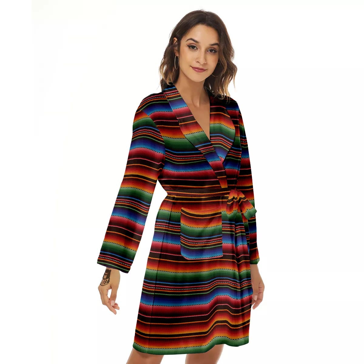 Blanket Stripe Tribal Mexican Print Women's Robe-grizzshop