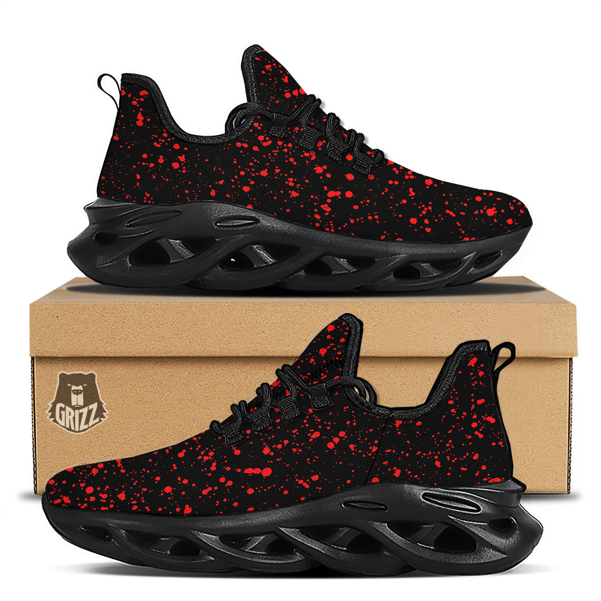 Blood Red Print Pattern Black Running Shoes-grizzshop