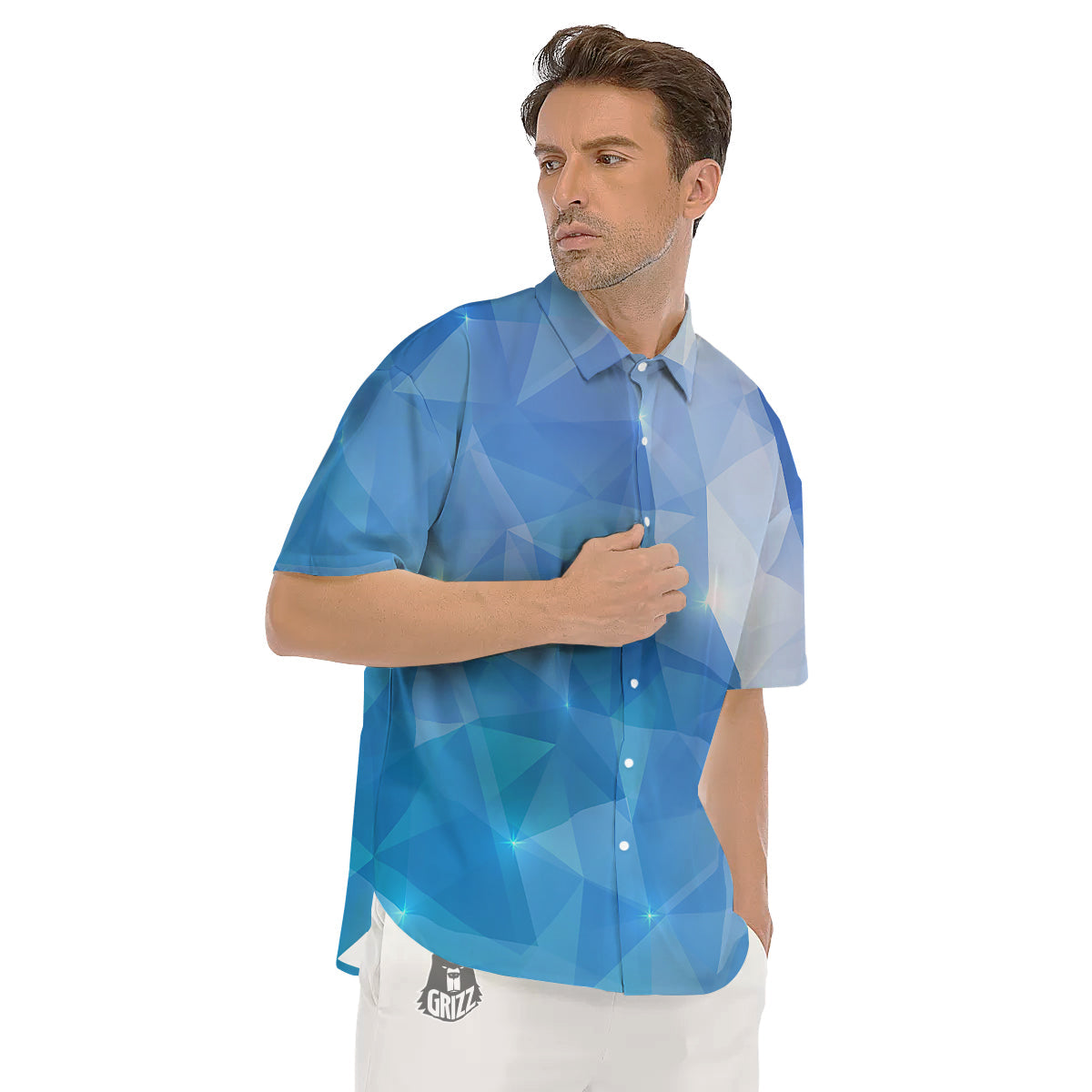 Blue Abstract Shining Ice Print Men's Short Sleeve Shirts-grizzshop