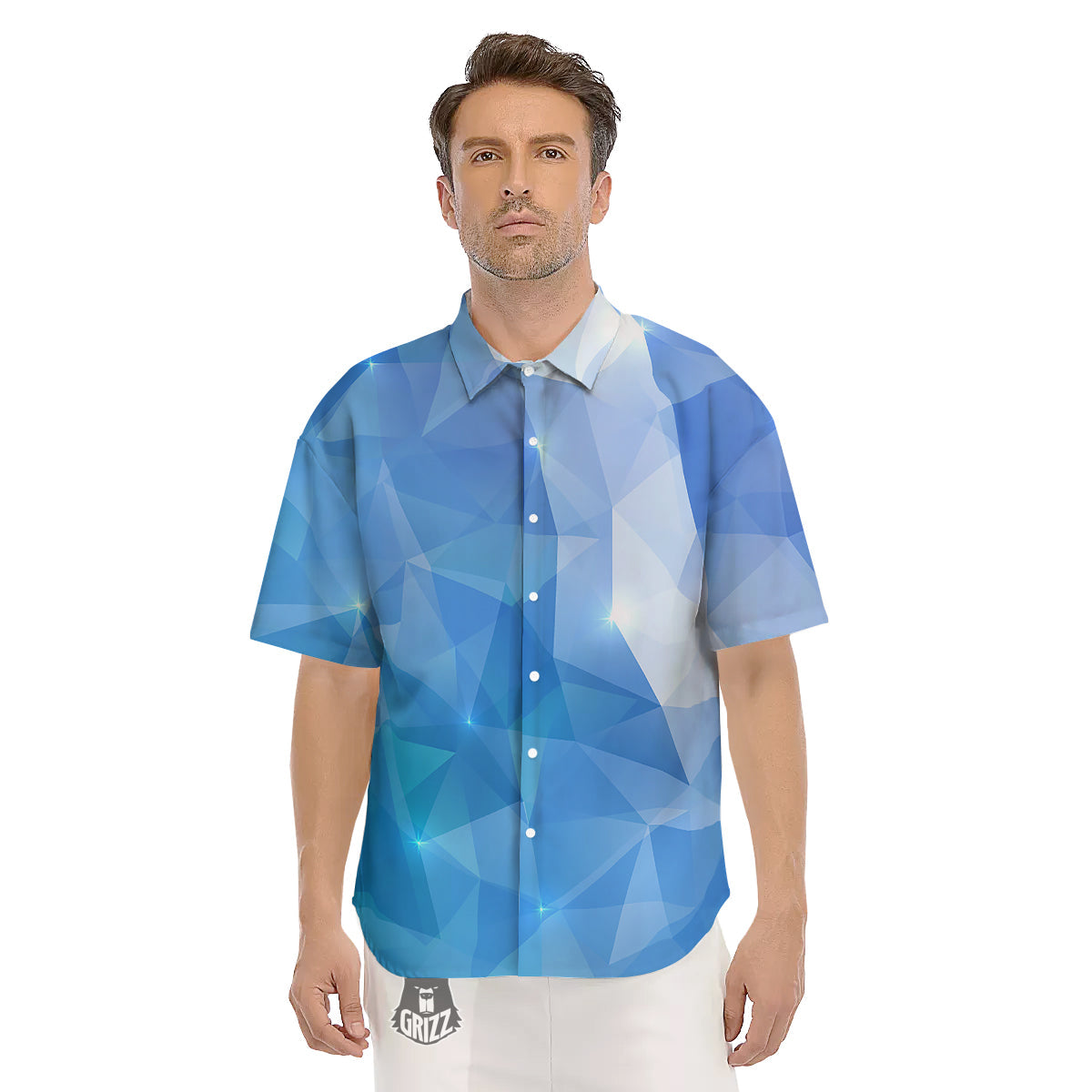 Blue Abstract Shining Ice Print Men's Short Sleeve Shirts-grizzshop