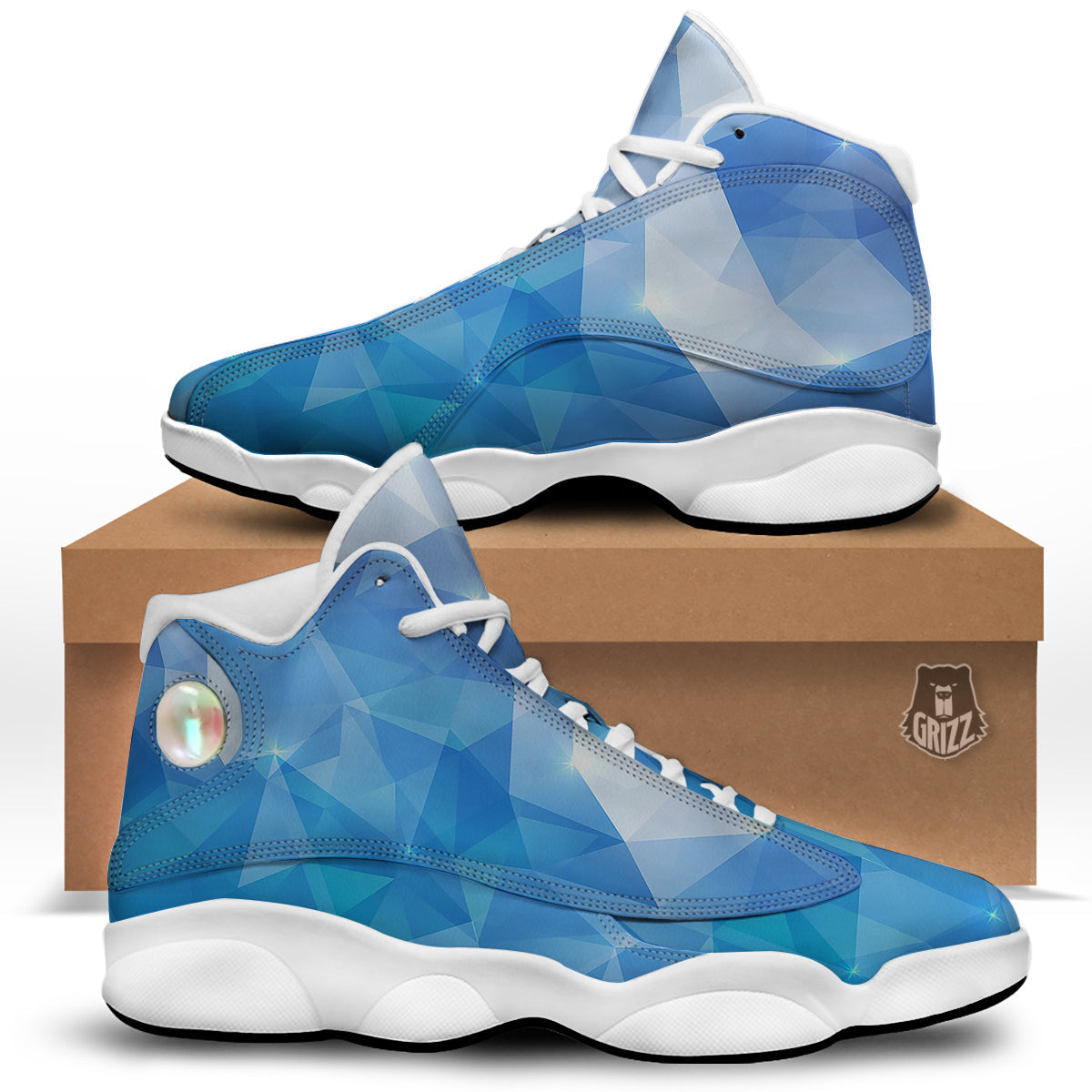 Blue Abstract Shining Ice Print White Basketball Shoes-grizzshop
