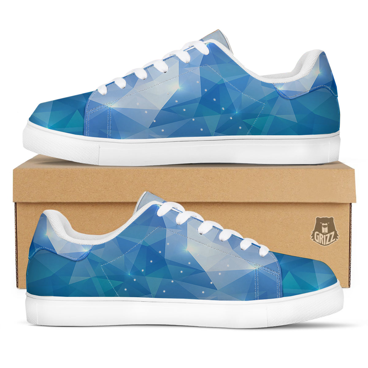 Blue Abstract Shining Ice Print White Low Top Sneakers-grizzshop