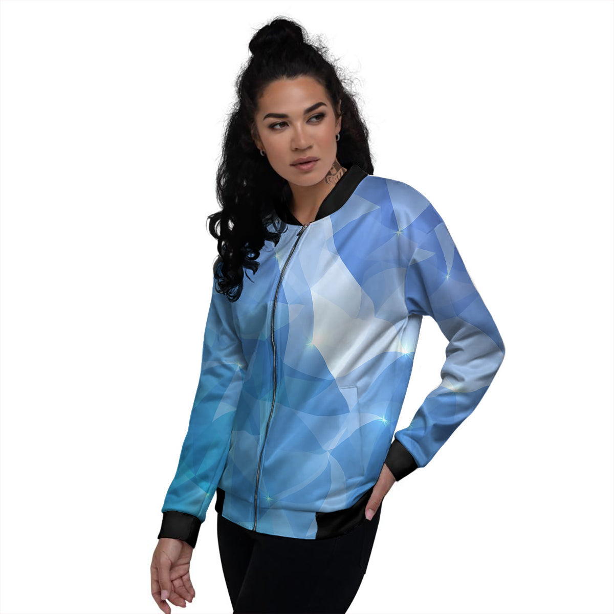 Blue Abstract Shining Ice Print Women's Bomber Jacket-grizzshop