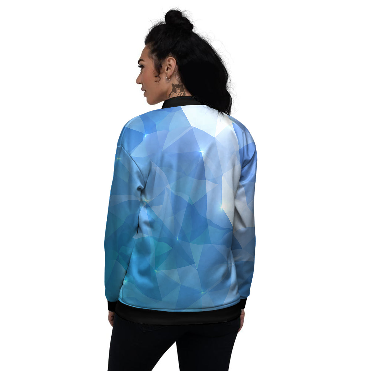 Blue Abstract Shining Ice Print Women's Bomber Jacket-grizzshop