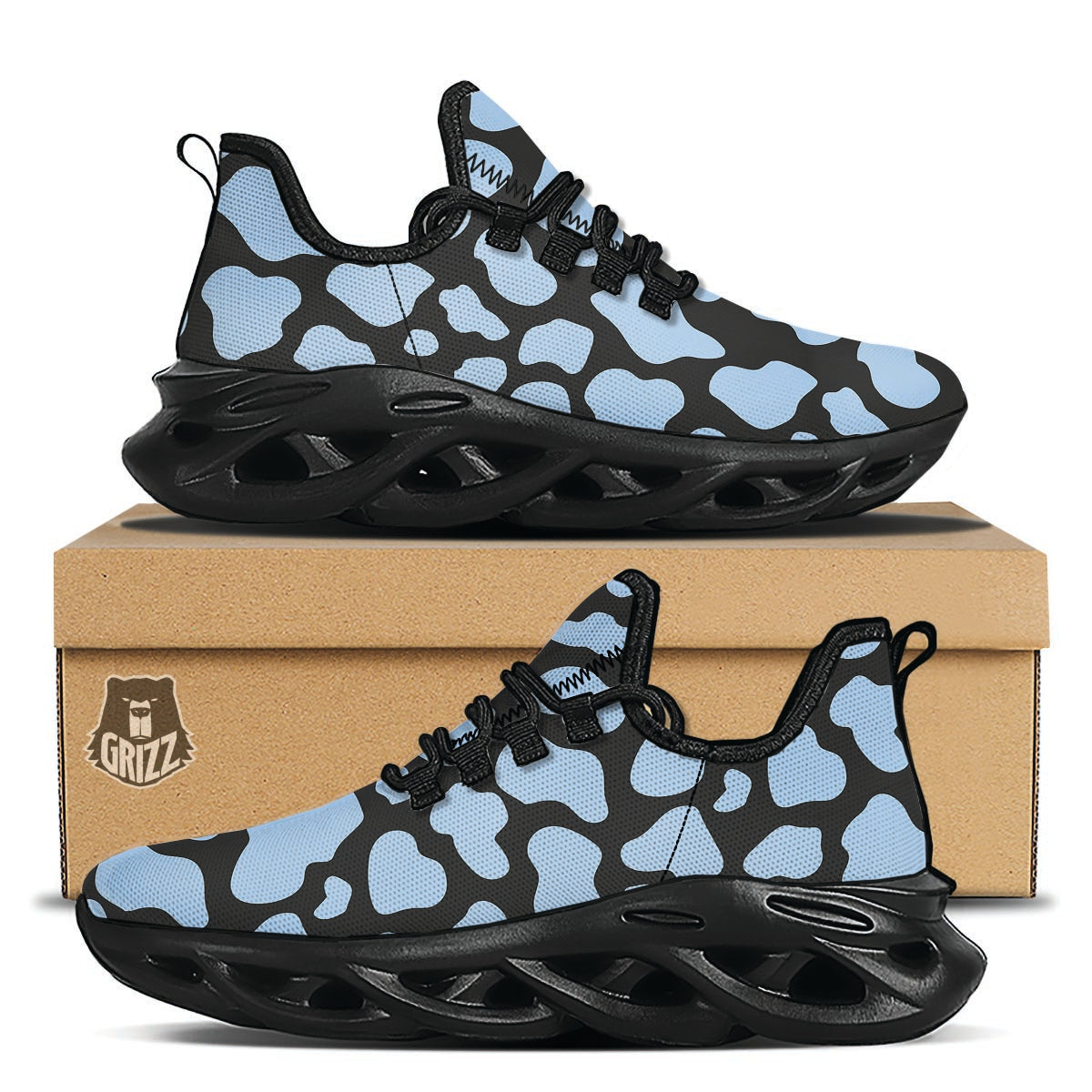 Blue And Black Cow Print Black Running Shoes-grizzshop