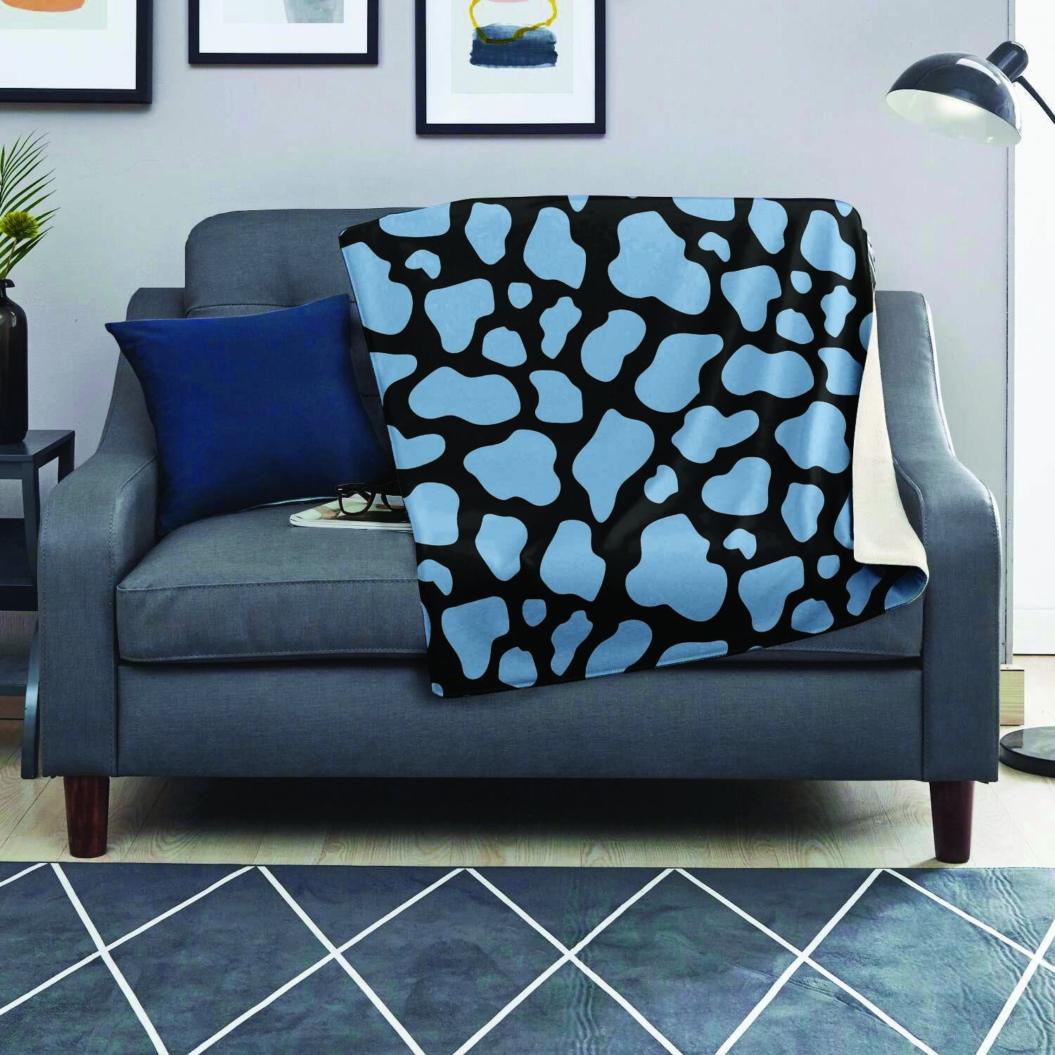 Blue And Black Cow Print Blanket-grizzshop