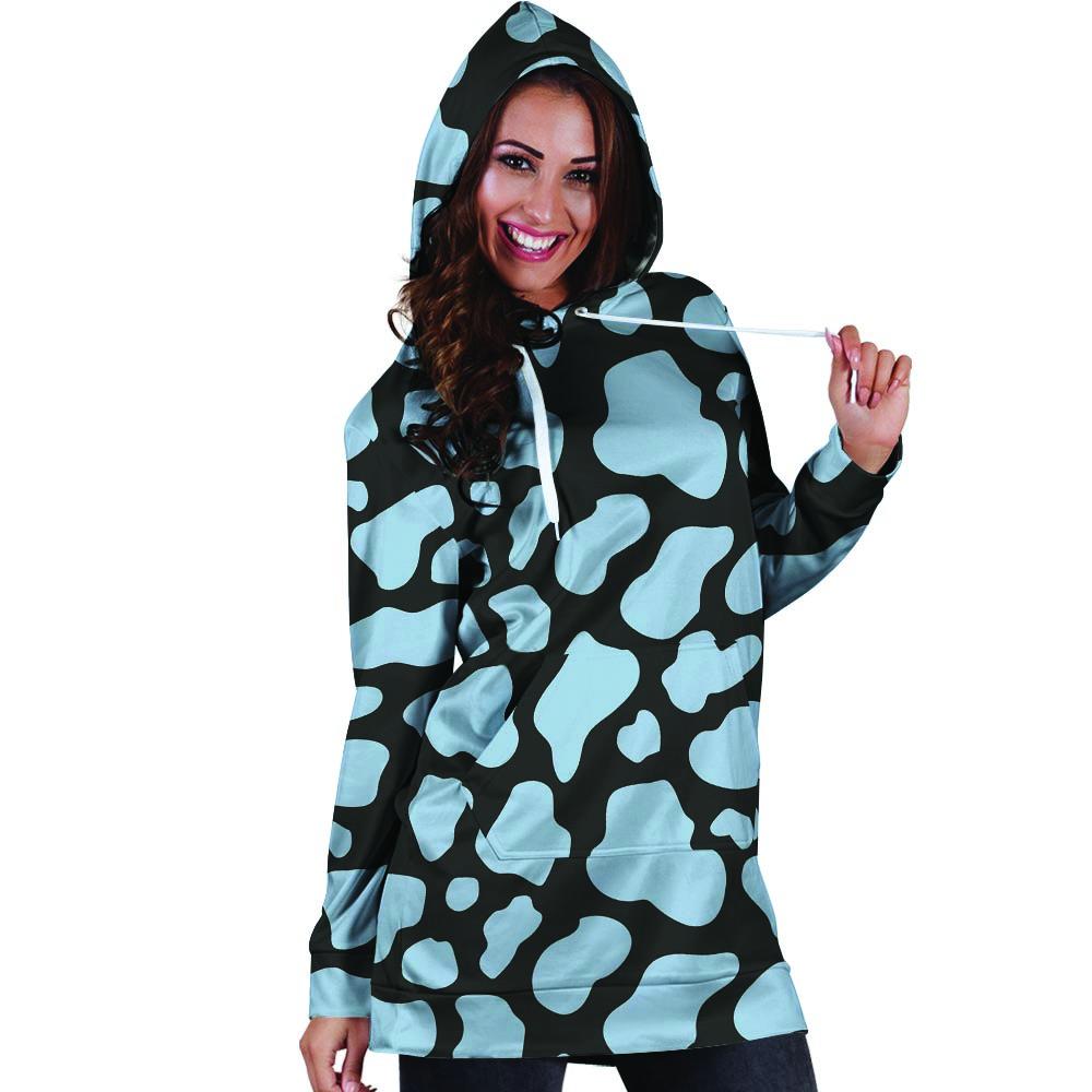 Blue And Black Cow Print Hoodie Dress-grizzshop