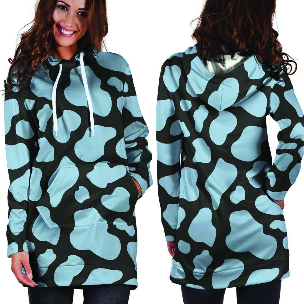 Blue And Black Cow Print Hoodie Dress-grizzshop