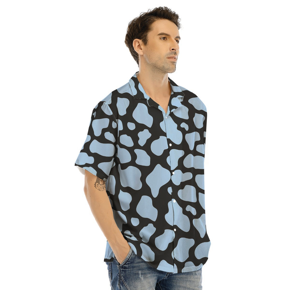 Blue And Black Cow Print Men’s Hawaiian Shirt-grizzshop