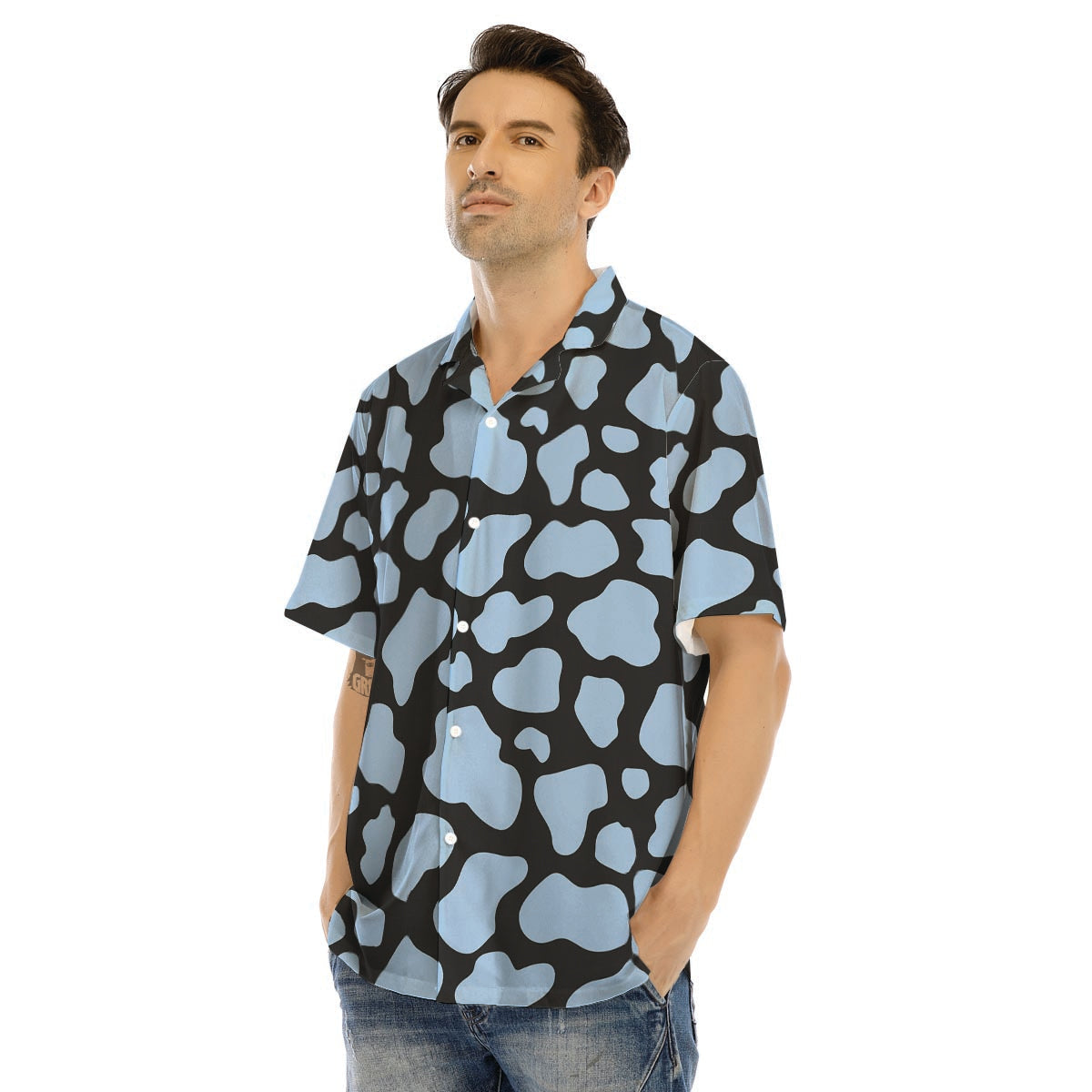 Blue And Black Cow Print Men’s Hawaiian Shirt-grizzshop