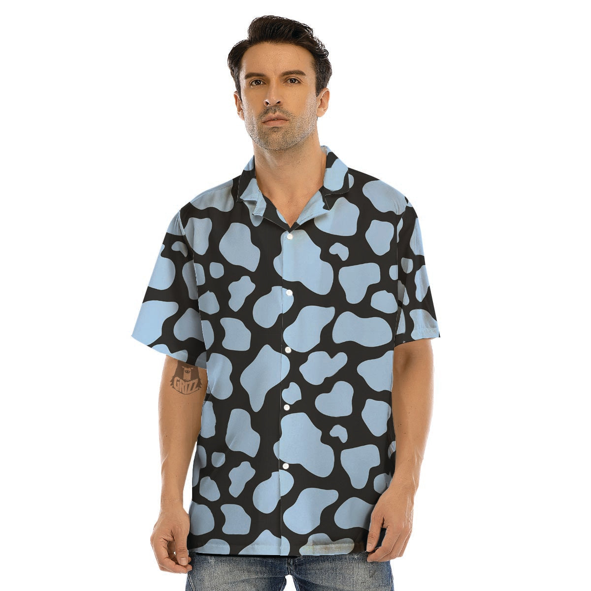 Blue And Black Cow Print Men’s Hawaiian Shirt-grizzshop
